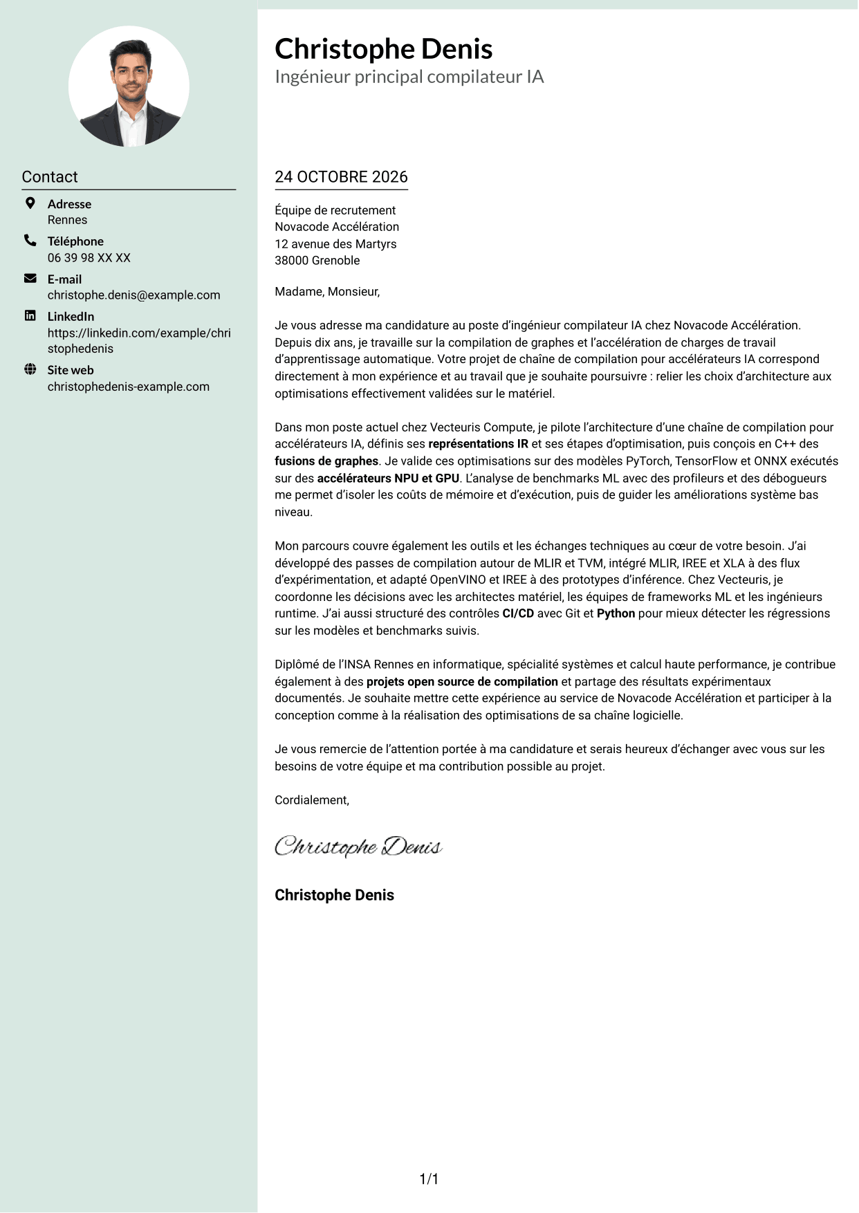 Lettre de motivation Cadre (format à colonne latérale douce avec photo arrondie) : Ingénieur compilateur IA, page 1