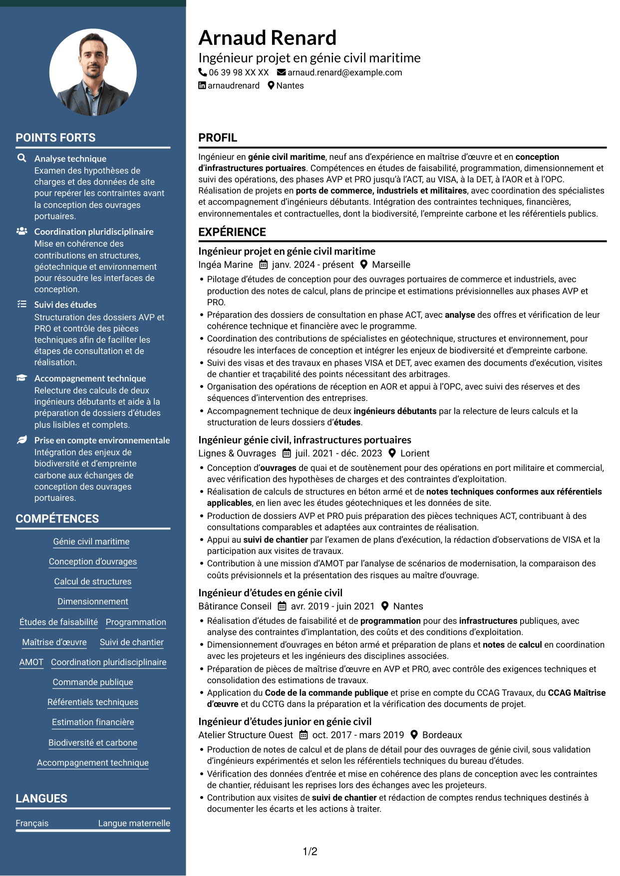 CV Élégant (format à colonne latérale colorée avec photo) : Ingénieur confirmé en génie civil - Ouvrages maritimes, page 1