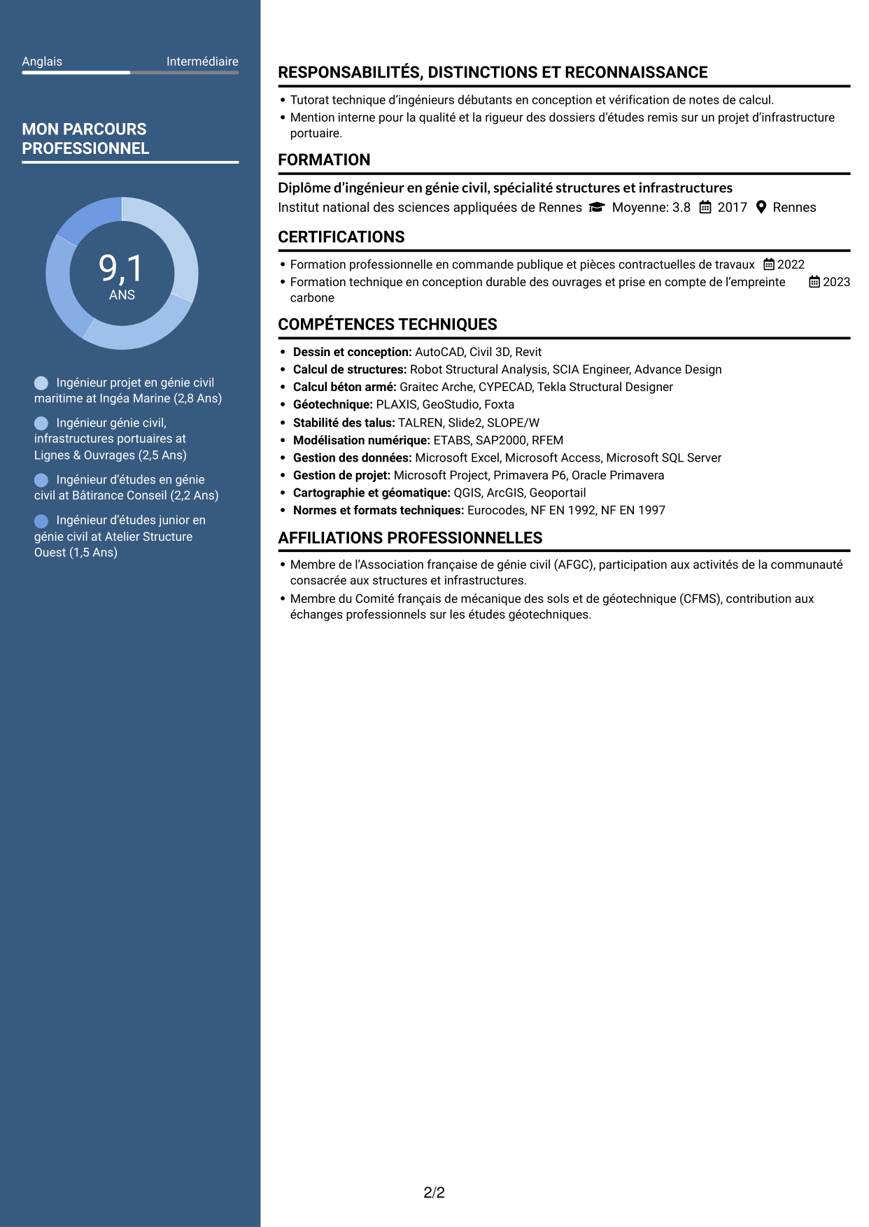 CV Élégant (format à colonne latérale colorée avec photo) : Ingénieur confirmé en génie civil - Ouvrages maritimes, page 2