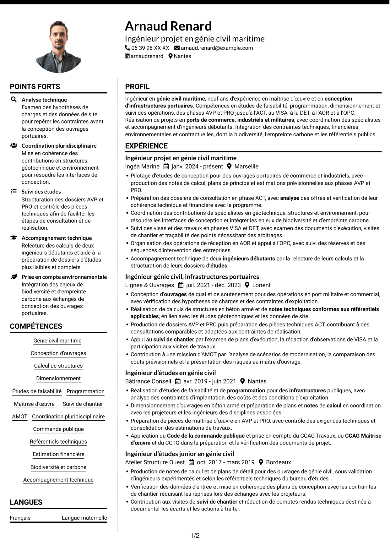 CV Moderne (format à deux colonnes avec photo à gauche et séparateur) : Ingénieur confirmé en génie civil - Ouvrages maritimes, page 1