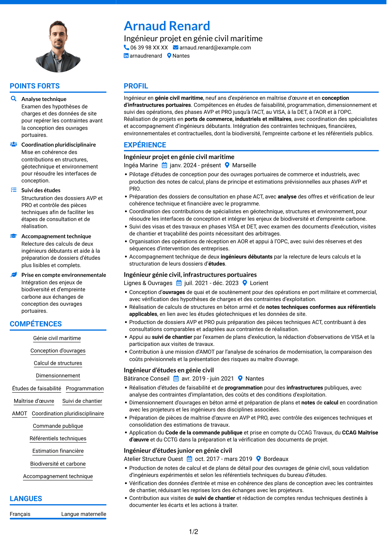CV Audacieux (format à deux colonnes avec accents colorés et photo) : Ingénieur confirmé en génie civil - Ouvrages maritimes, page 1