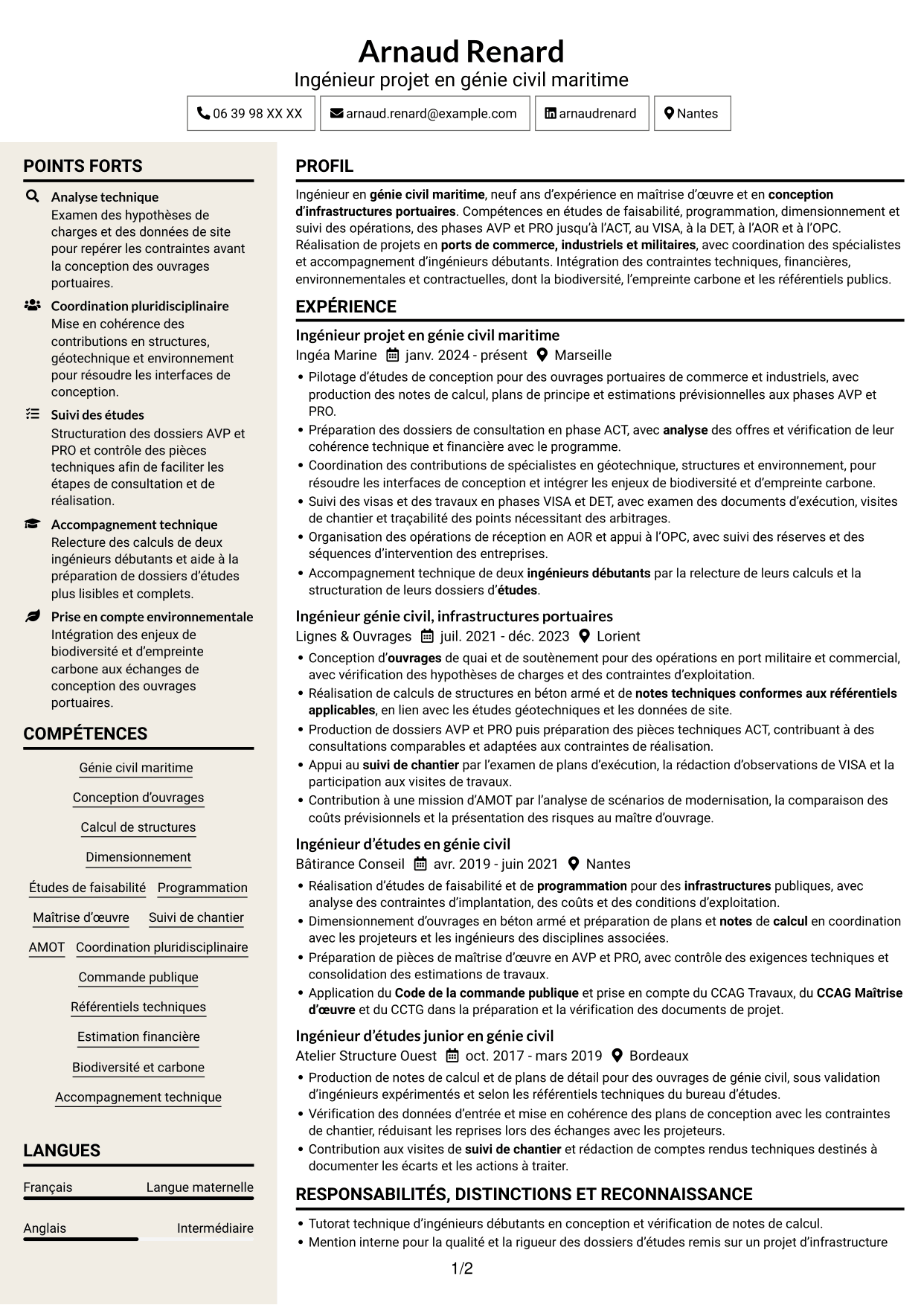 CV Fonceur (format à deux colonnes avec en-tête centré sans photo) : Ingénieur confirmé en génie civil - Ouvrages maritimes, page 1