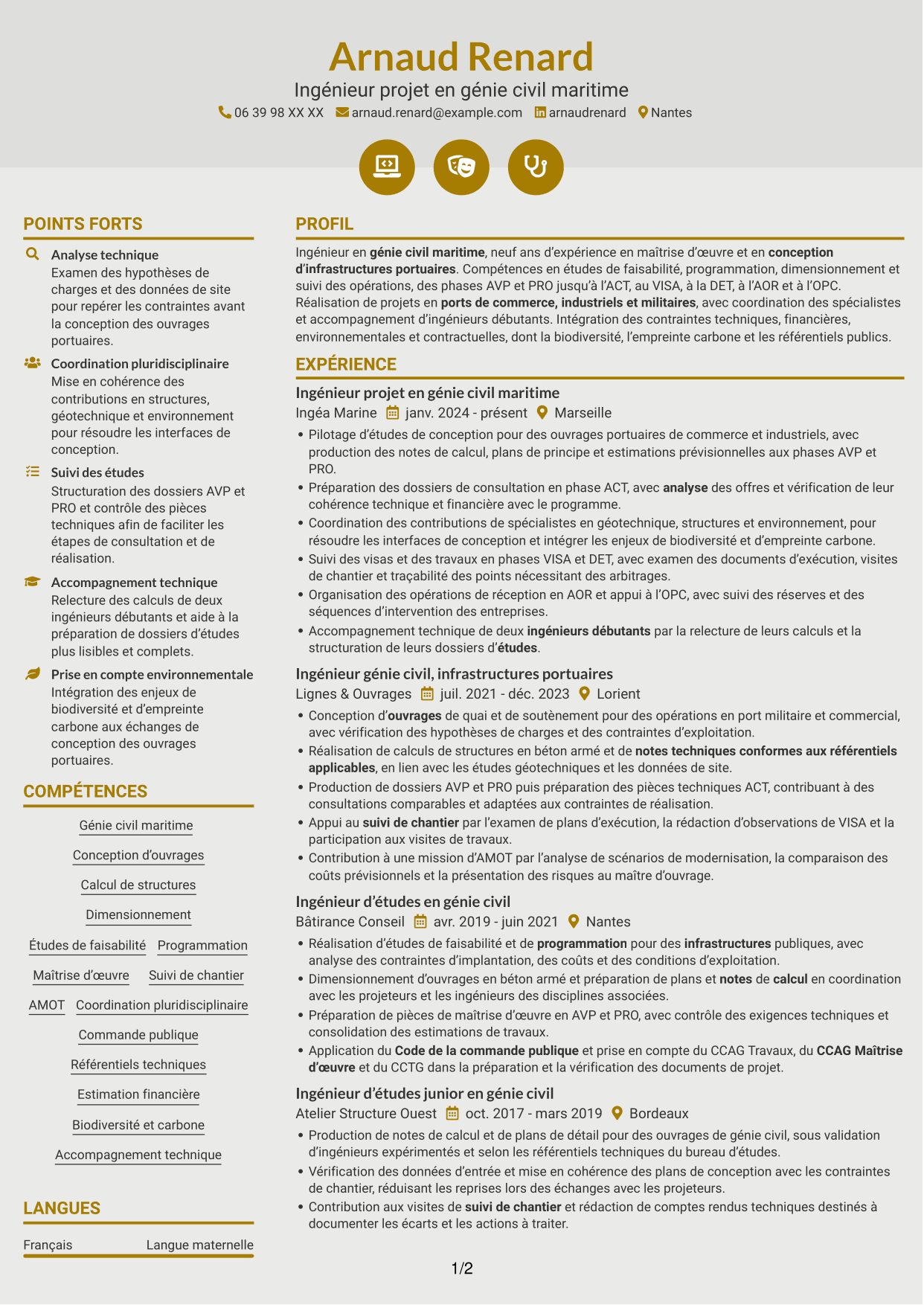 CV Dynamique (format à deux colonnes avec icônes) : Ingénieur confirmé en génie civil - Ouvrages maritimes, page 1