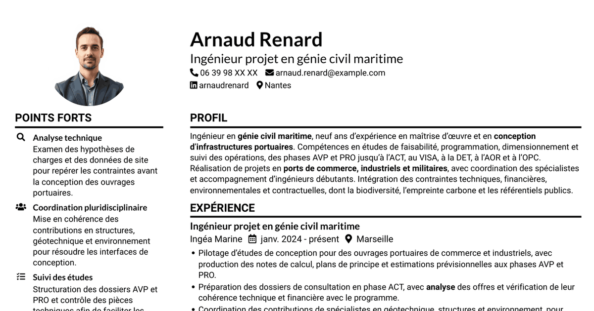 7 modèles de CV pour Ingénieur confirmé en génie civil - Ouvrages maritimes, avec exemples
