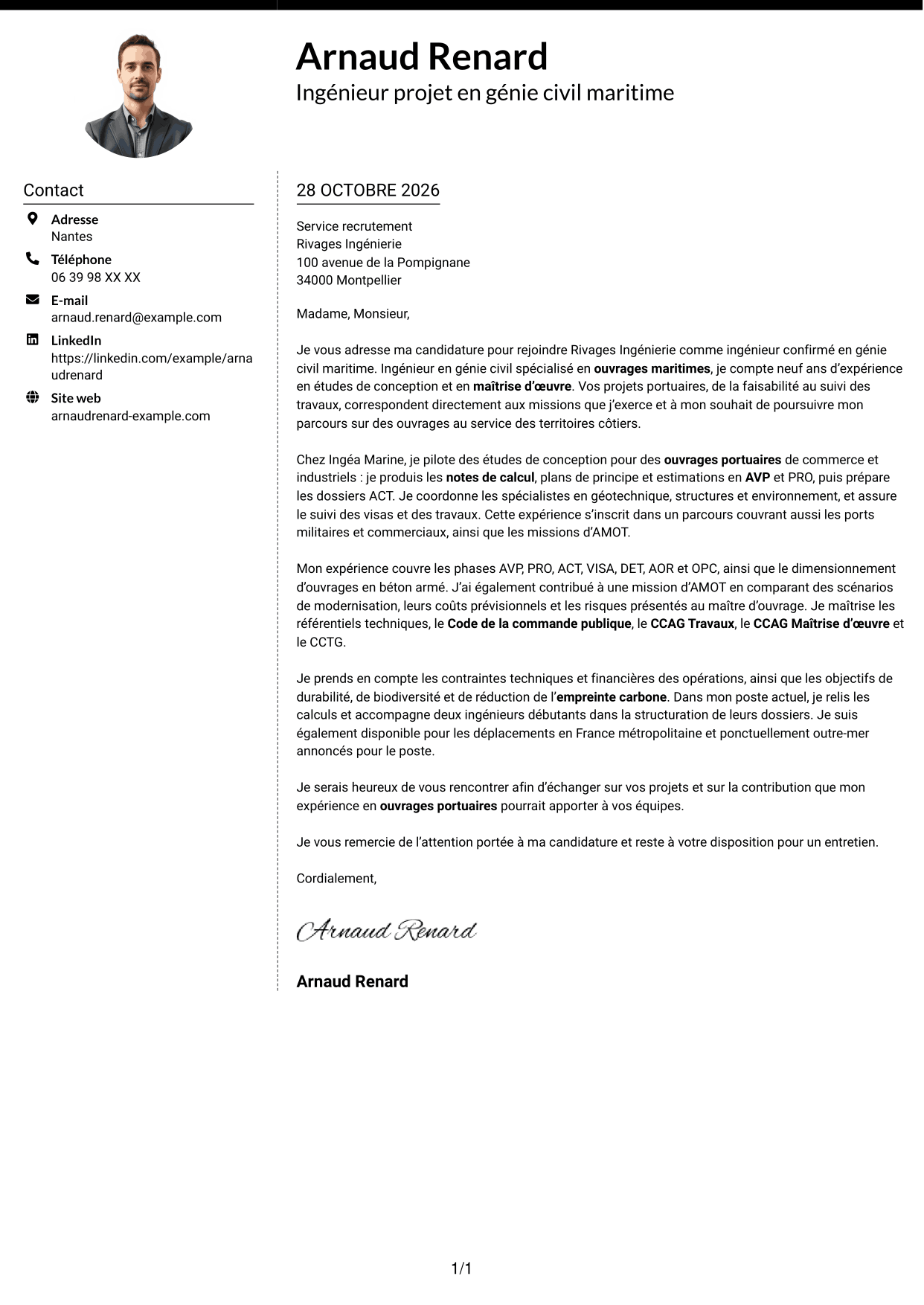 Lettre de motivation Moderne (format à deux colonnes avec photo à gauche et séparateur) : Ingénieur confirmé en génie civil - Ouvrages maritimes, page 1
