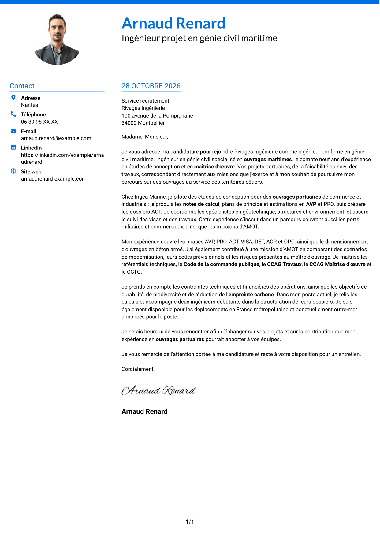 Lettre de motivation Audacieux (format à deux colonnes avec accents colorés et photo) : Ingénieur confirmé en génie civil - Ouvrages maritimes, page 1