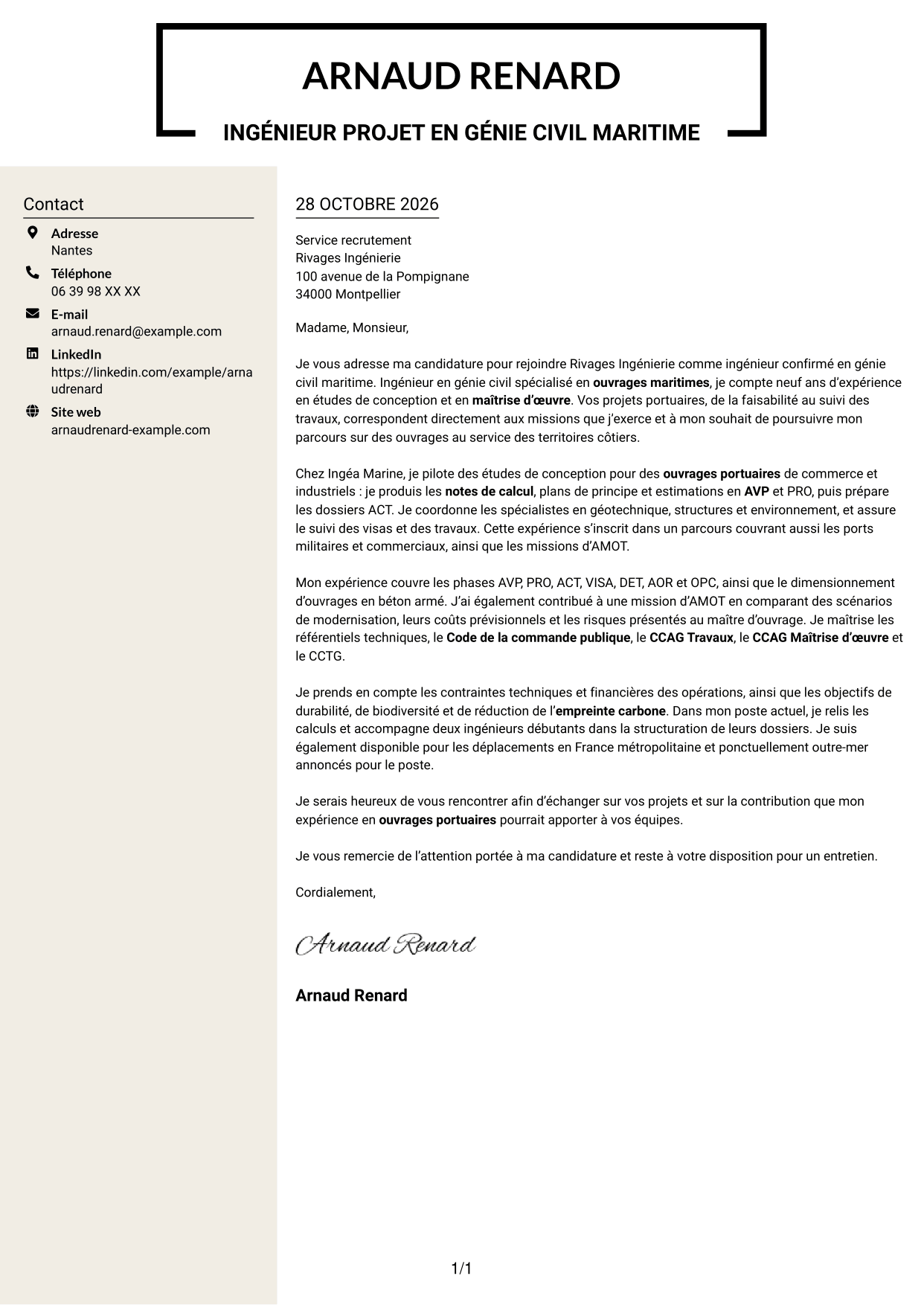 Lettre de motivation Fonceur (format à deux colonnes avec en-tête centré sans photo) : Ingénieur confirmé en génie civil - Ouvrages maritimes, page 1
