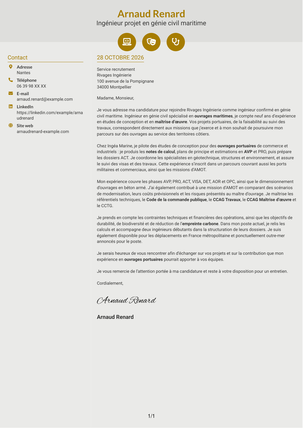 Lettre de motivation Dynamique (format à deux colonnes avec icônes) : Ingénieur confirmé en génie civil - Ouvrages maritimes, page 1