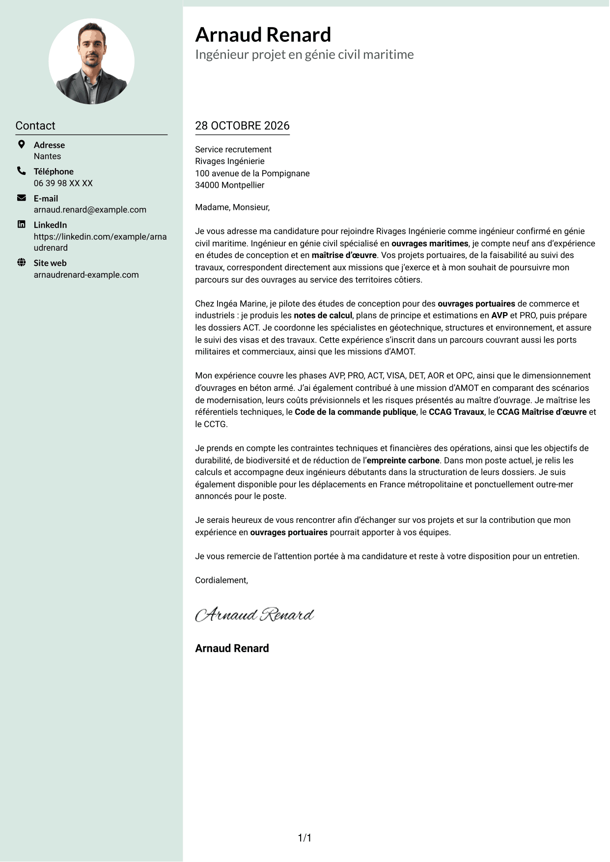 Lettre de motivation Cadre (format à colonne latérale douce avec photo arrondie) : Ingénieur confirmé en génie civil - Ouvrages maritimes, page 1