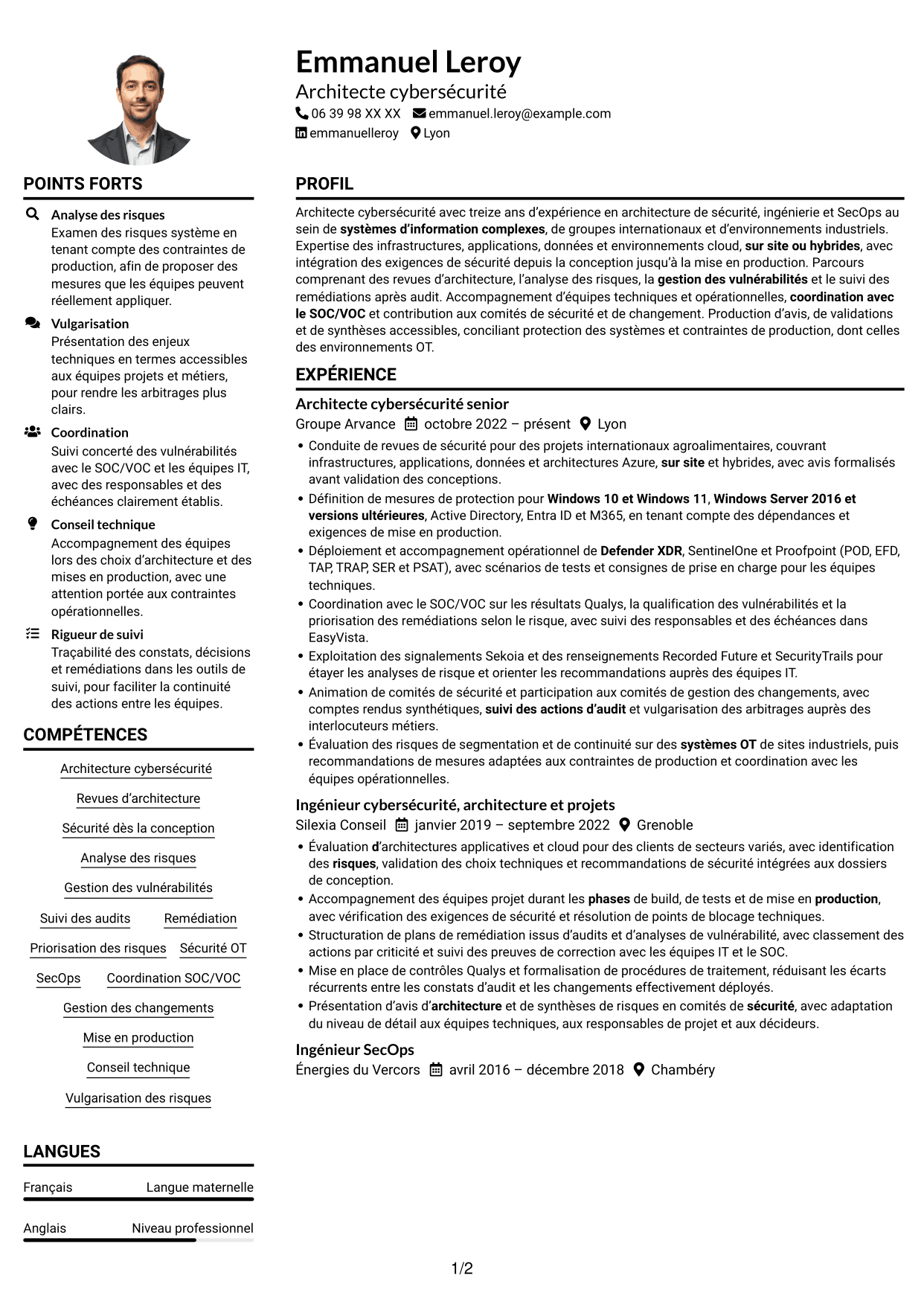 Ingénieur cybersécurité - Architecture SI CV, page 1