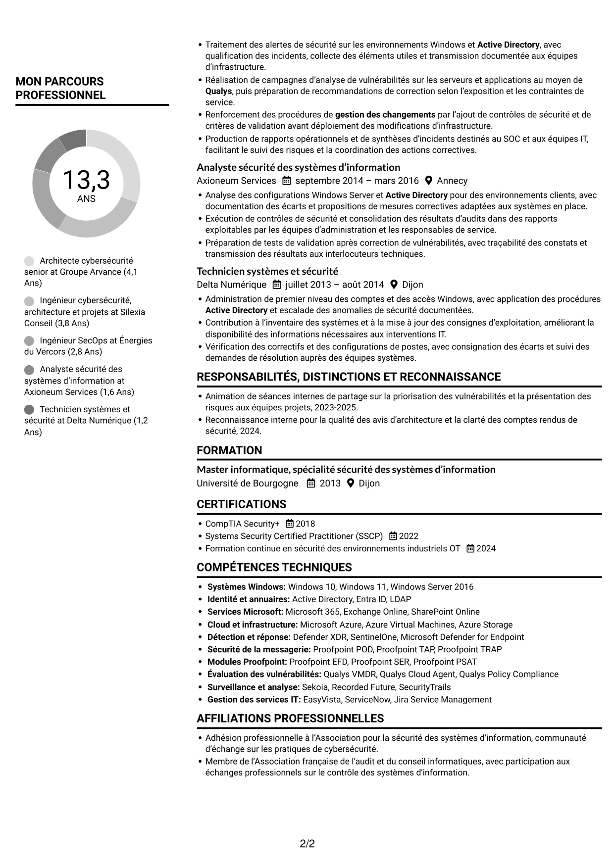 CV Compact (format sobre à deux colonnes avec photo) : Ingénieur cybersécurité - Architecture SI, page 2