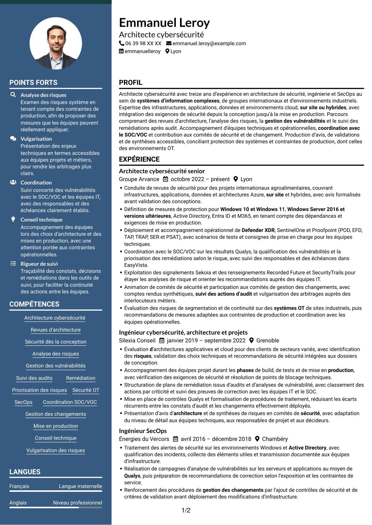 CV Élégant (format à colonne latérale colorée avec photo) : Ingénieur cybersécurité - Architecture SI, page 1