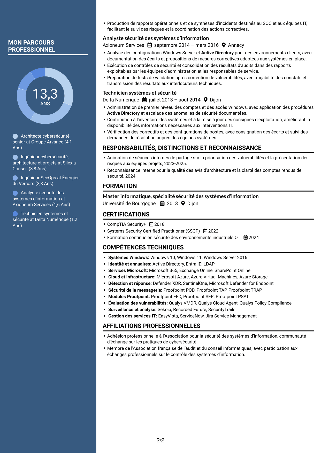 CV Élégant (format à colonne latérale colorée avec photo) : Ingénieur cybersécurité - Architecture SI, page 2