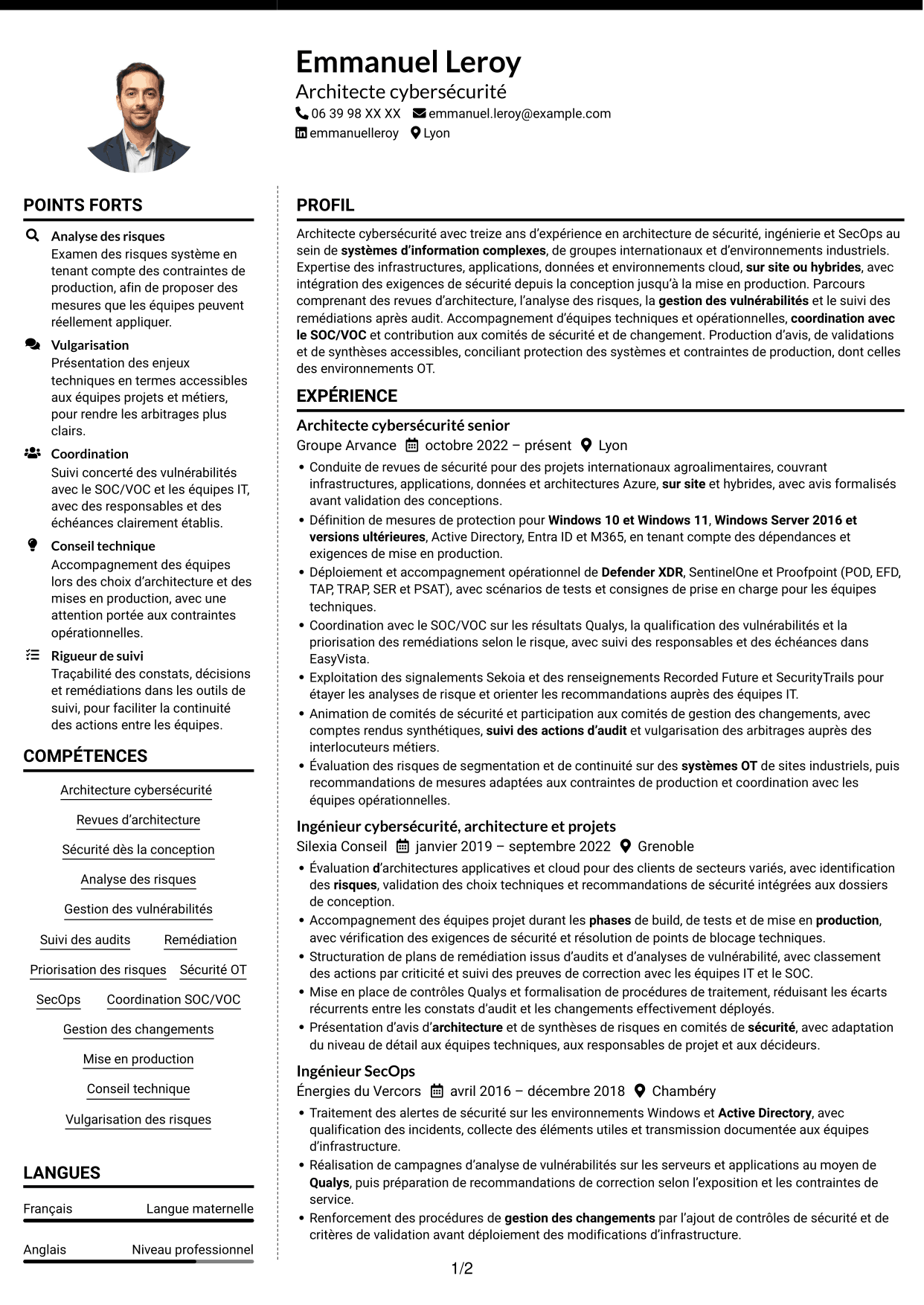 CV Moderne (format à deux colonnes avec photo à gauche et séparateur) : Ingénieur cybersécurité - Architecture SI, page 1