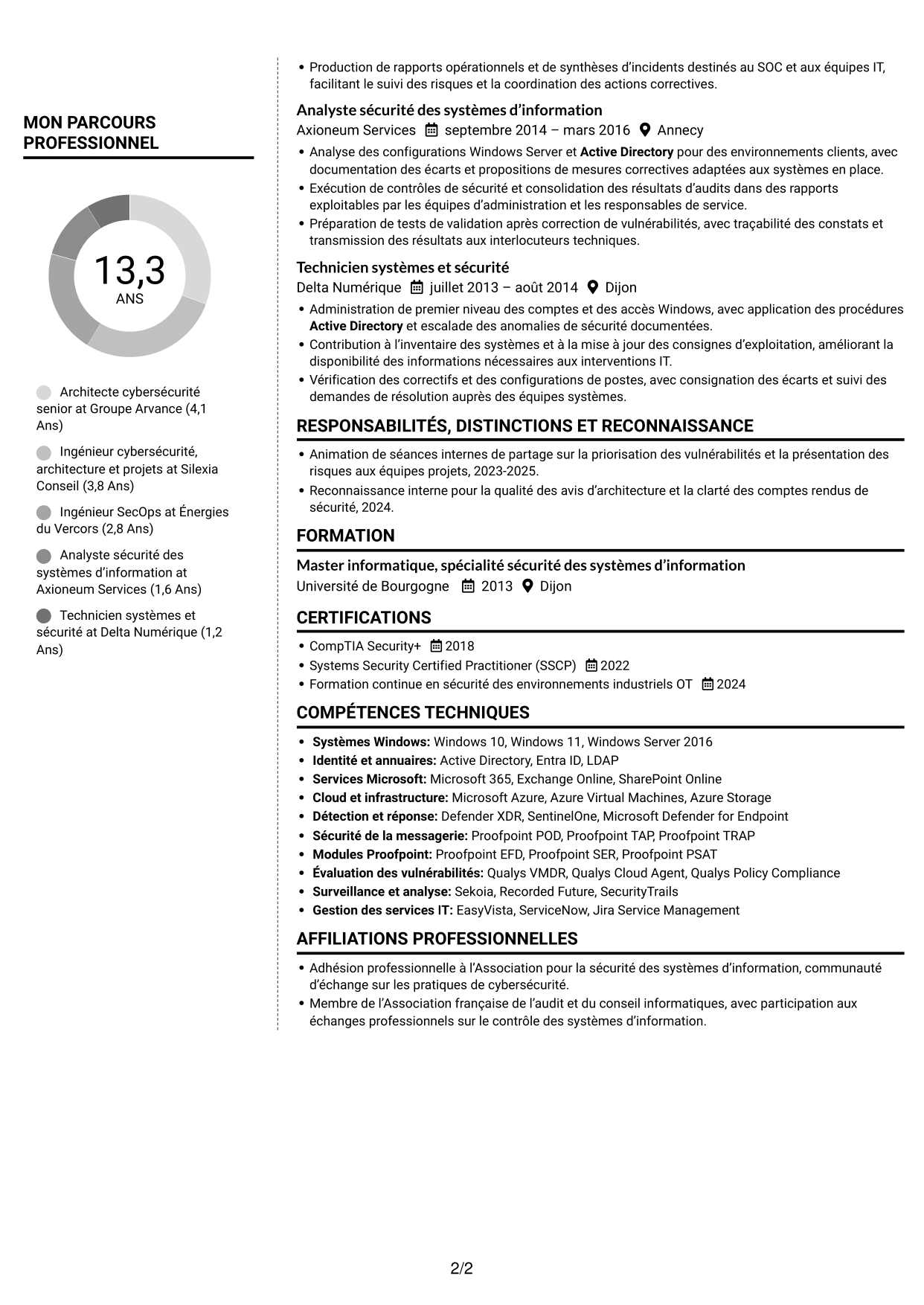 CV Moderne (format à deux colonnes avec photo à gauche et séparateur) : Ingénieur cybersécurité - Architecture SI, page 2