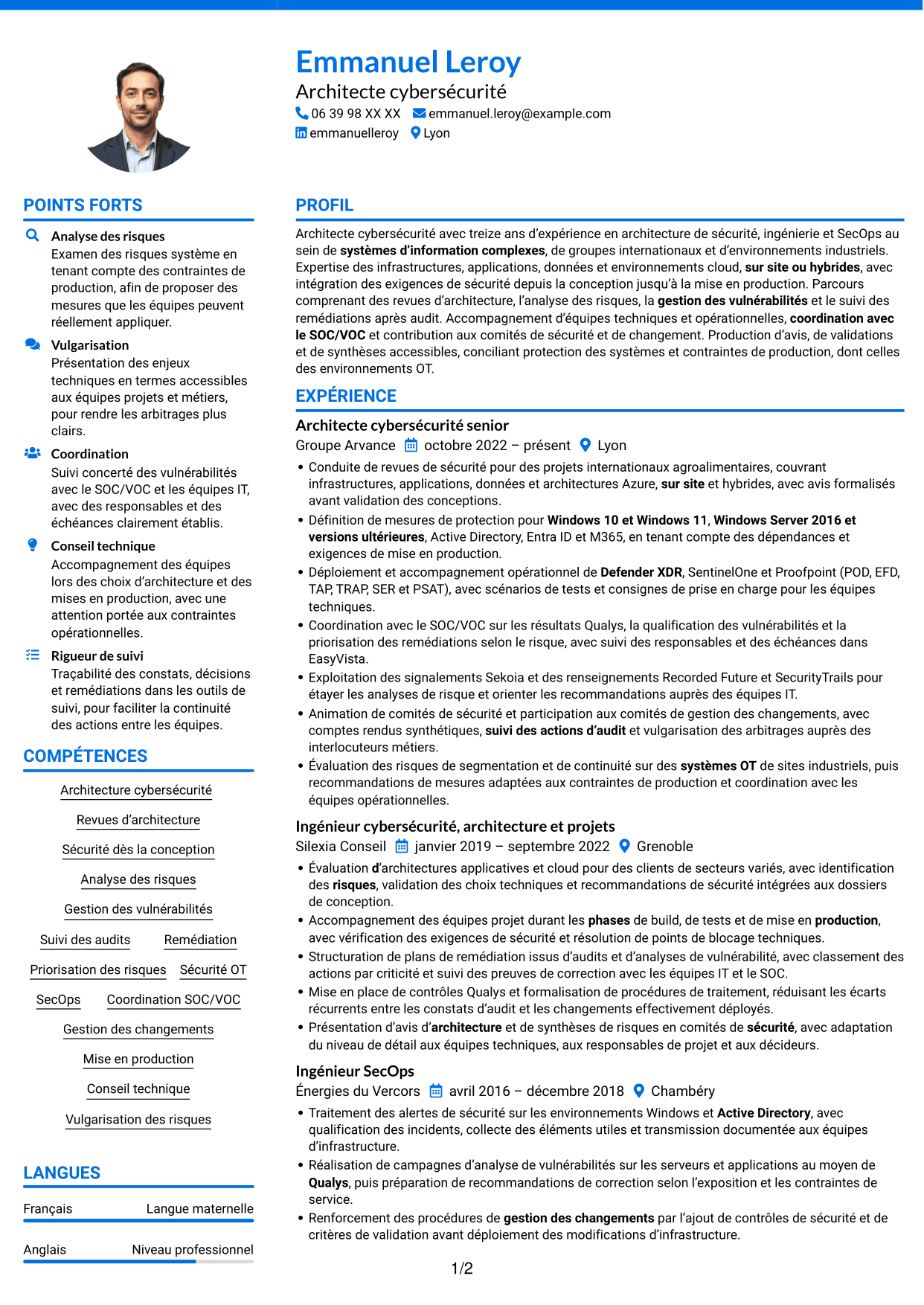 CV Audacieux (format à deux colonnes avec accents colorés et photo) : Ingénieur cybersécurité - Architecture SI, page 1