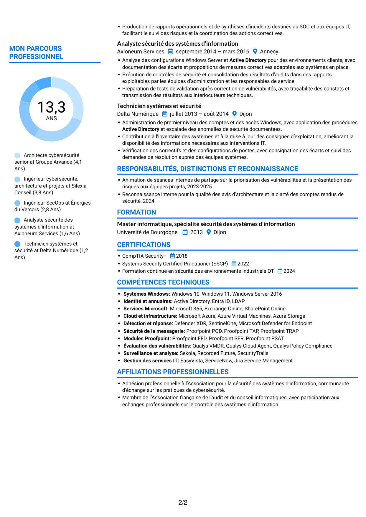 CV Audacieux (format à deux colonnes avec accents colorés et photo) : Ingénieur cybersécurité - Architecture SI, page 2
