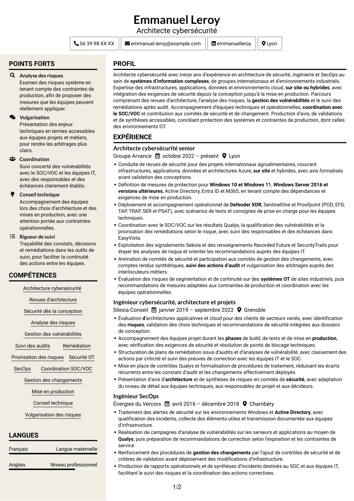 CV Fonceur (format à deux colonnes avec en-tête centré sans photo) : Ingénieur cybersécurité - Architecture SI, page 1
