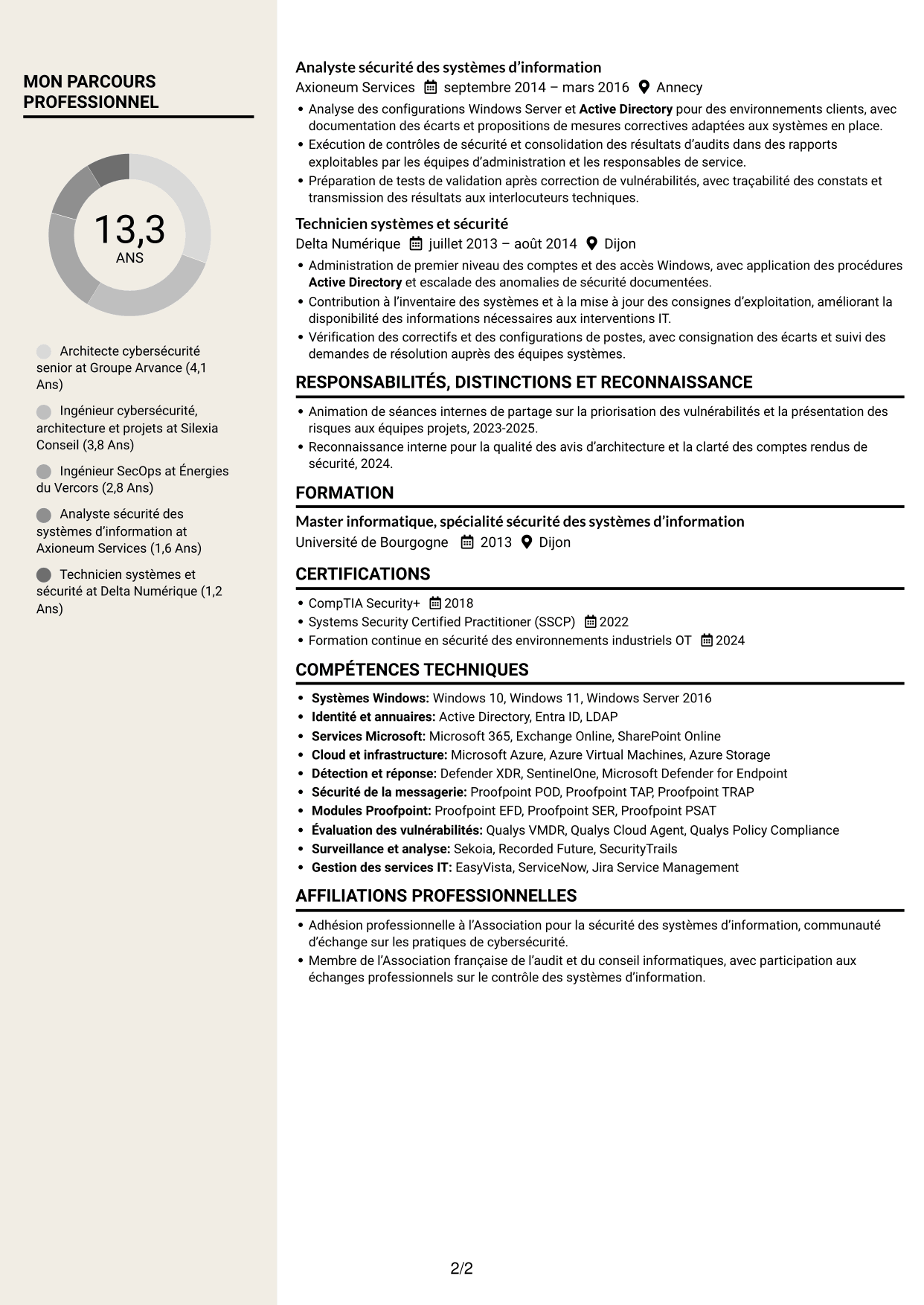 CV Fonceur (format à deux colonnes avec en-tête centré sans photo) : Ingénieur cybersécurité - Architecture SI, page 2