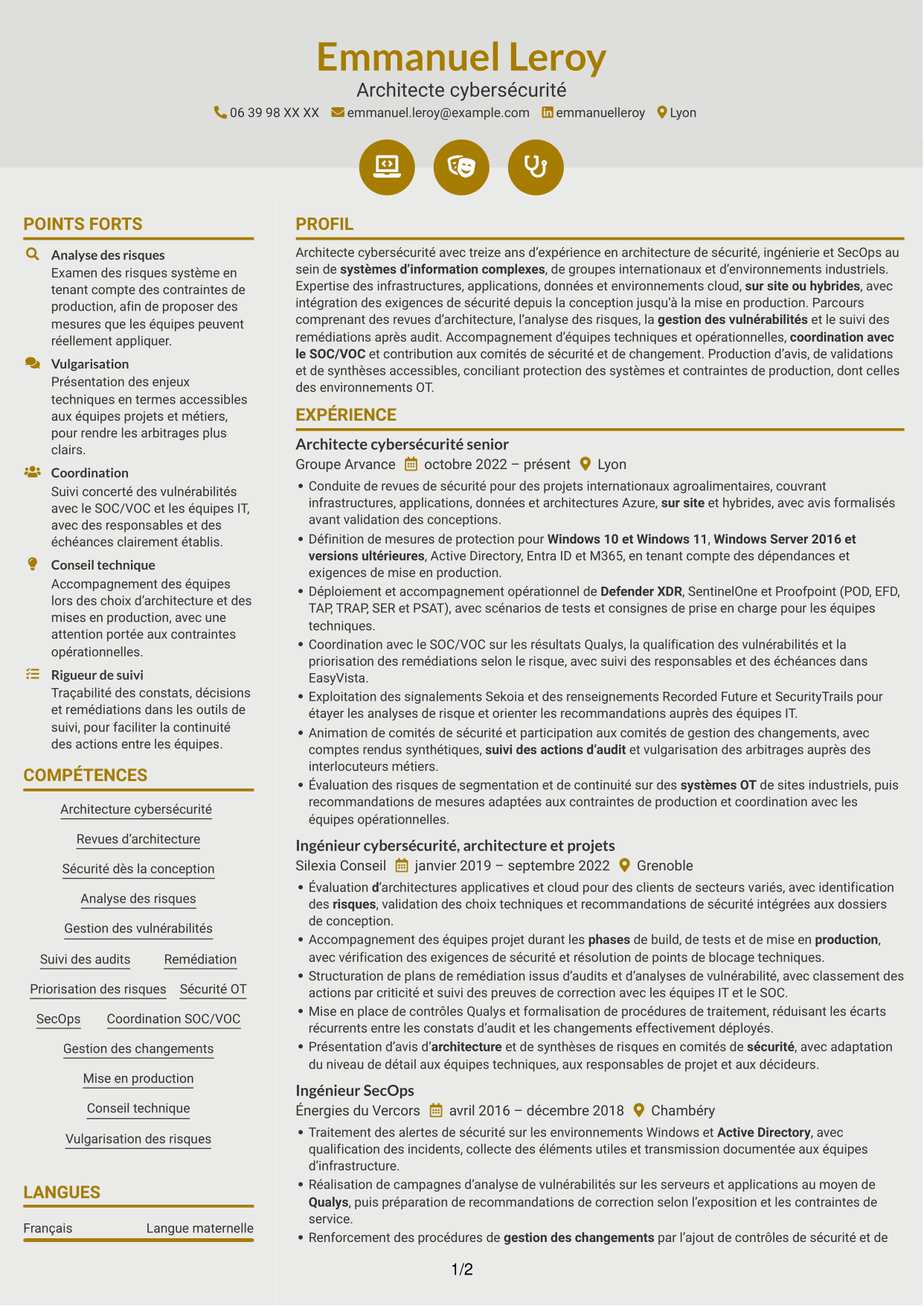 CV Dynamique (format à deux colonnes avec icônes) : Ingénieur cybersécurité - Architecture SI, page 1