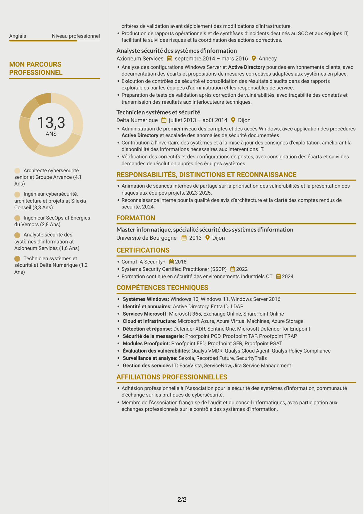 CV Dynamique (format à deux colonnes avec icônes) : Ingénieur cybersécurité - Architecture SI, page 2