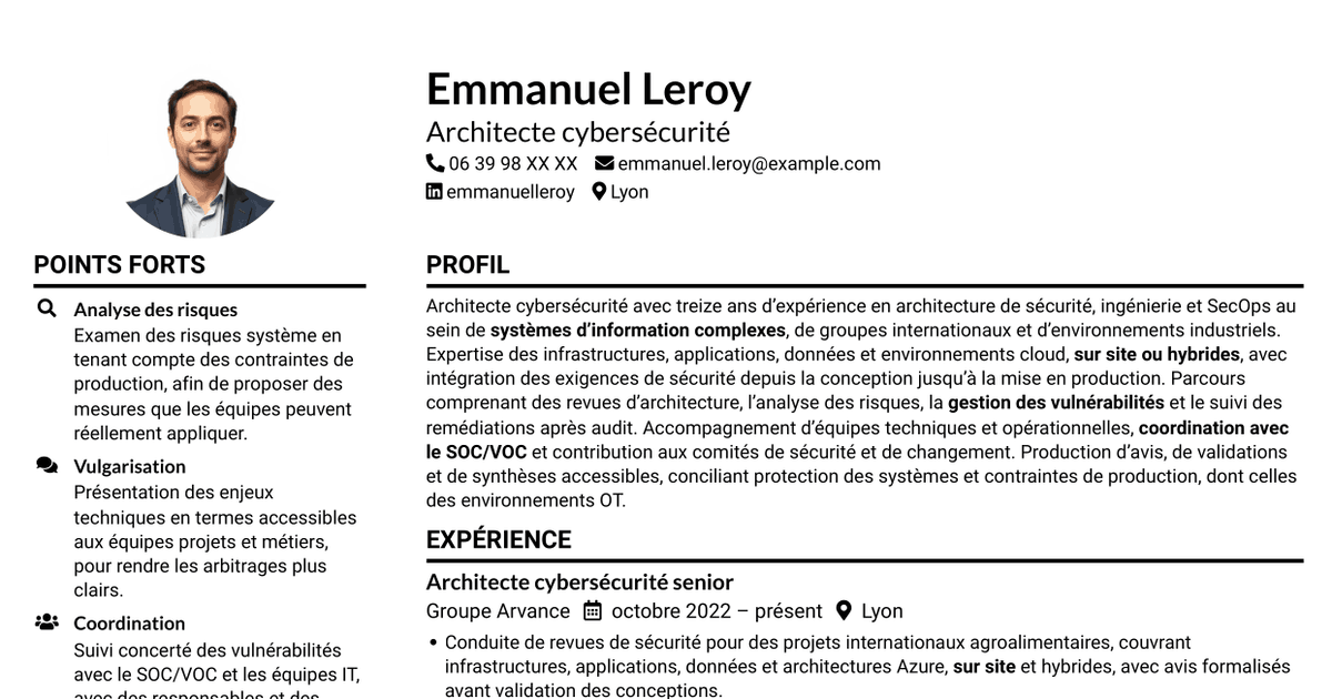 7 modèles de CV pour Ingénieur cybersécurité - Architecture SI, avec exemples