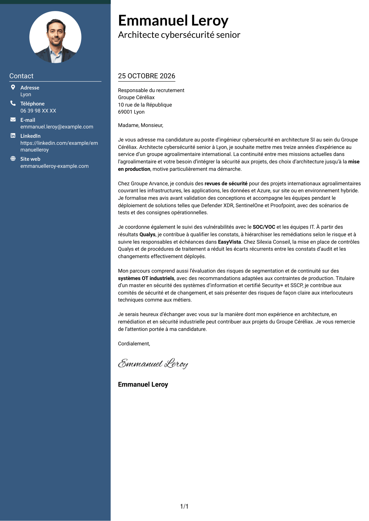 Lettre de motivation Élégant (format à colonne latérale colorée avec photo) : Ingénieur cybersécurité - Architecture SI, page 1