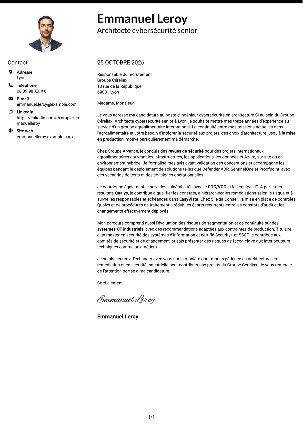 Lettre de motivation Moderne (format à deux colonnes avec photo à gauche et séparateur) : Ingénieur cybersécurité - Architecture SI, page 1