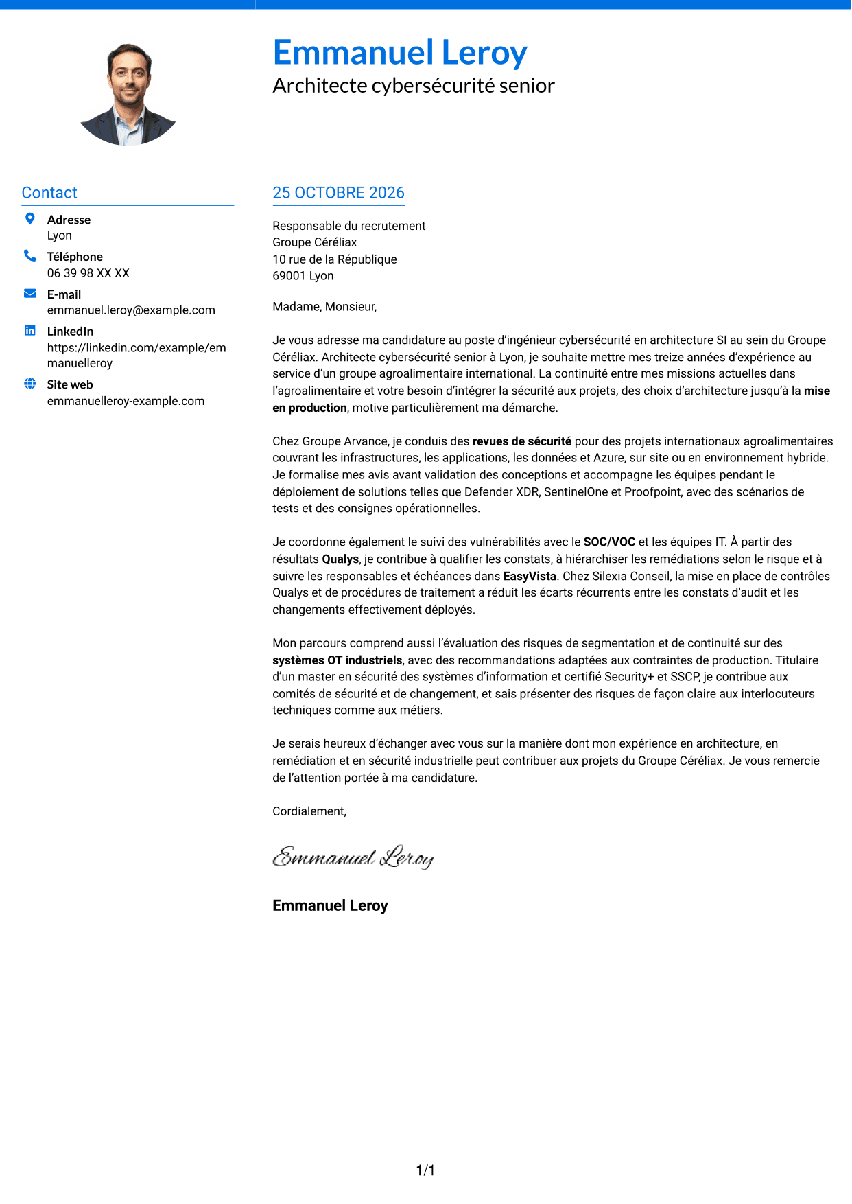 Lettre de motivation Audacieux (format à deux colonnes avec accents colorés et photo) : Ingénieur cybersécurité - Architecture SI, page 1