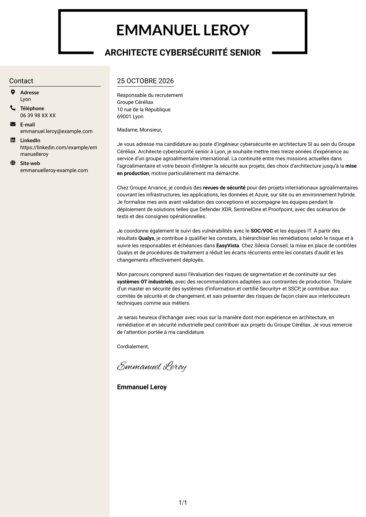 Lettre de motivation Fonceur (format à deux colonnes avec en-tête centré sans photo) : Ingénieur cybersécurité - Architecture SI, page 1