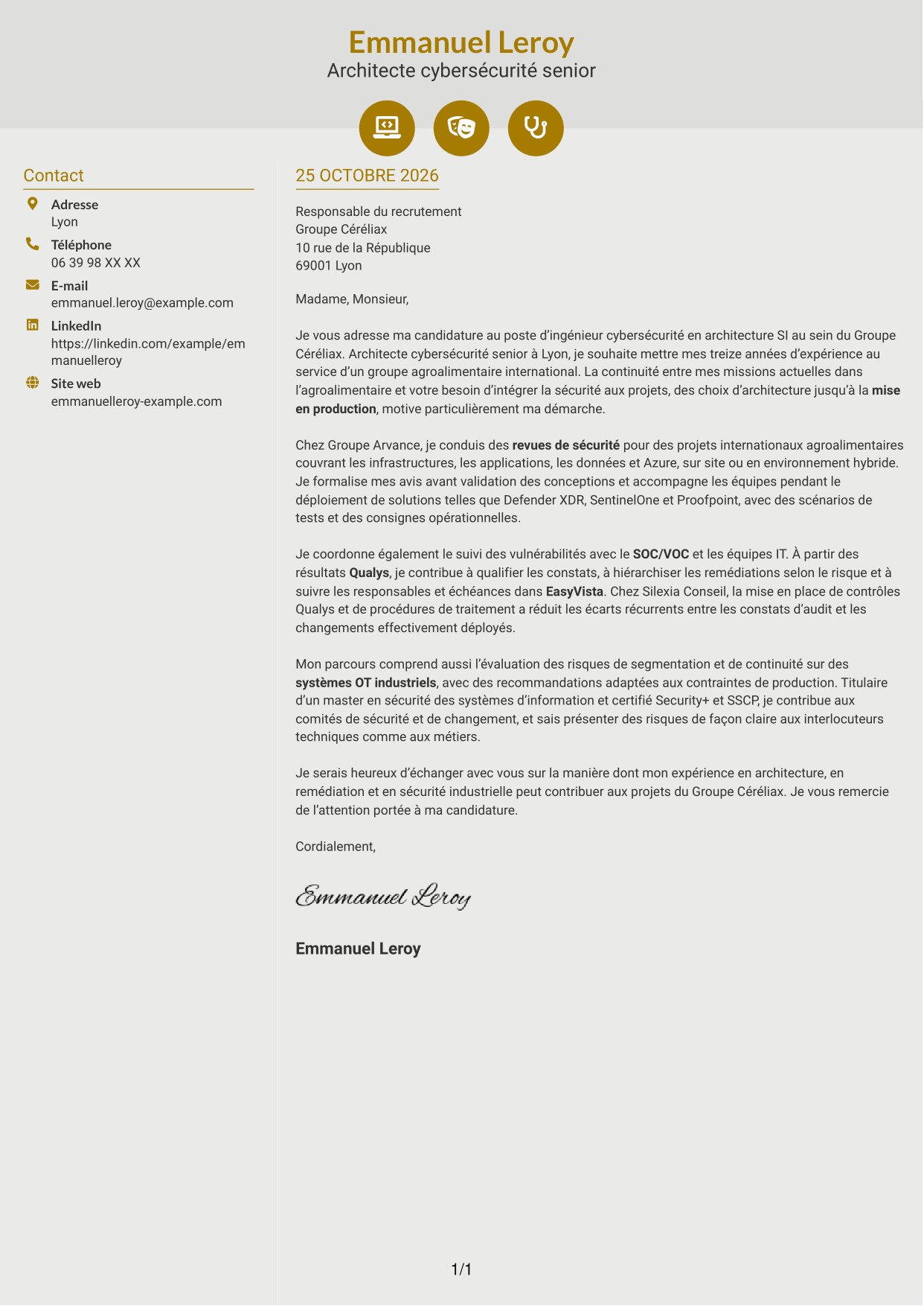Lettre de motivation Dynamique (format à deux colonnes avec icônes) : Ingénieur cybersécurité - Architecture SI, page 1