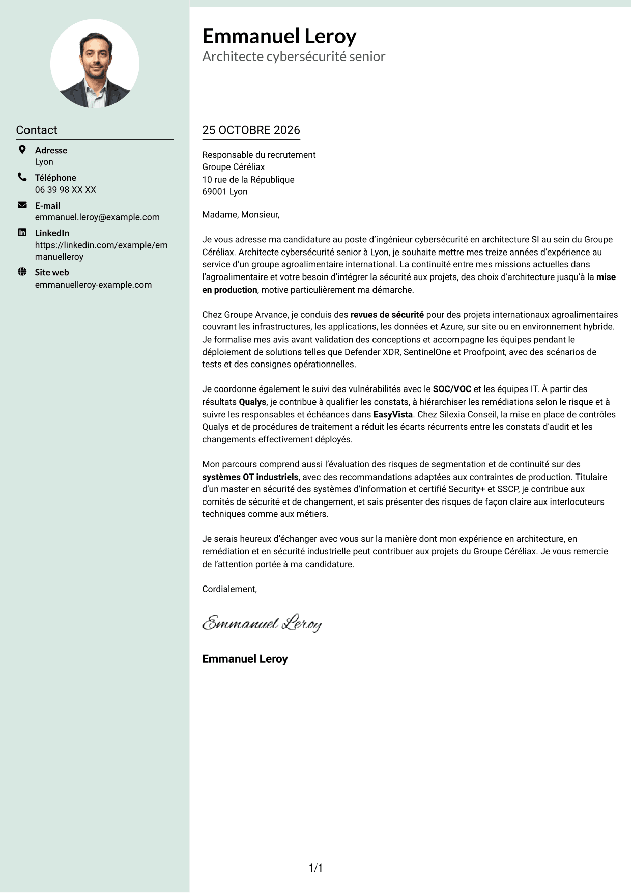 Lettre de motivation Cadre (format à colonne latérale douce avec photo arrondie) : Ingénieur cybersécurité - Architecture SI, page 1