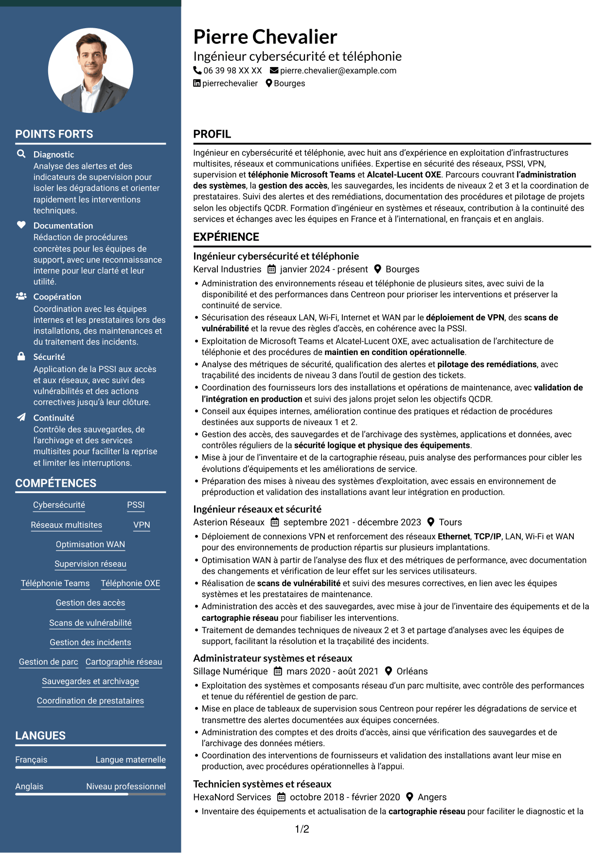 CV Élégant (format à colonne latérale colorée avec photo) : Ingénieur cybersécurité et téléphonie, page 1