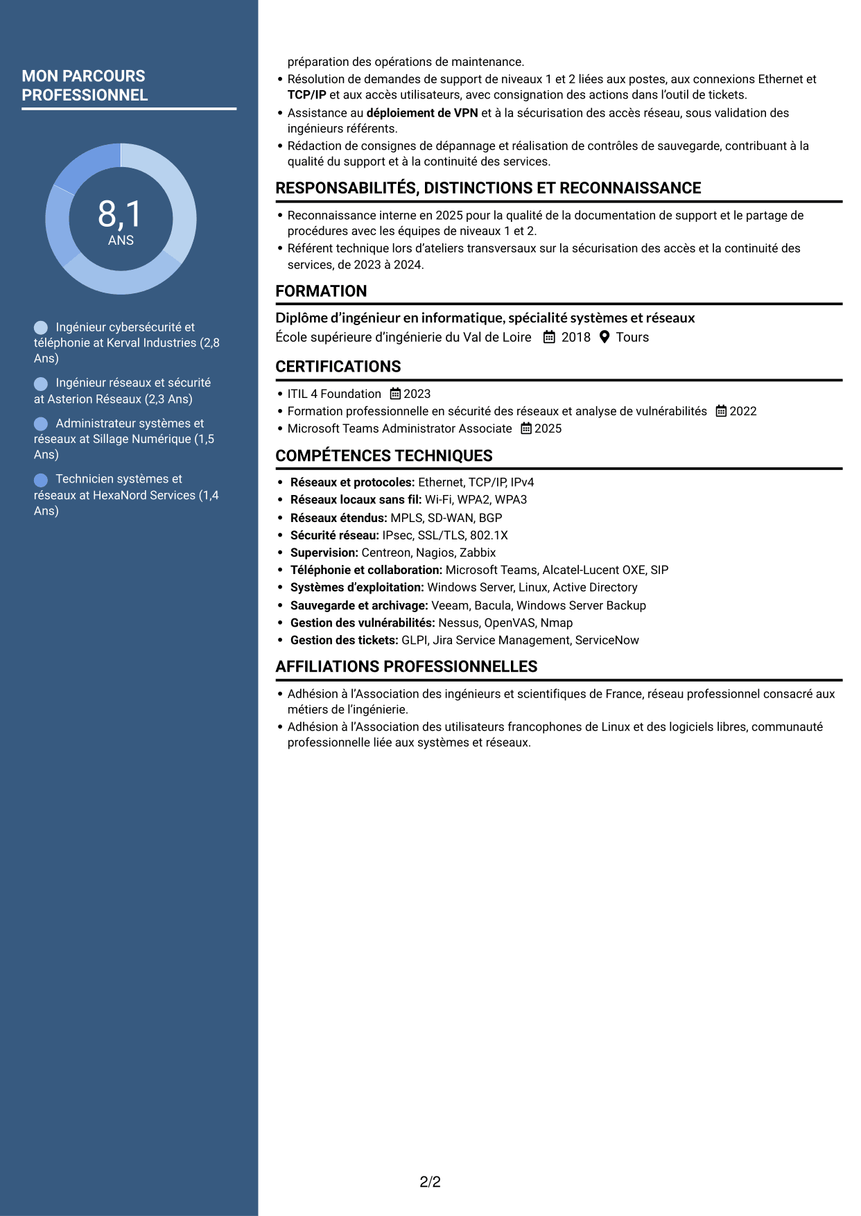 CV Élégant (format à colonne latérale colorée avec photo) : Ingénieur cybersécurité et téléphonie, page 2