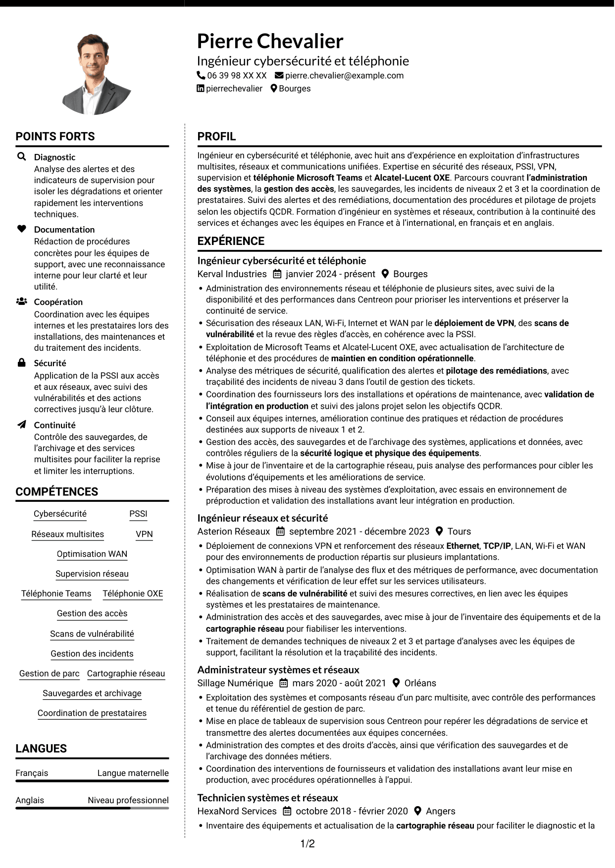 CV Moderne (format à deux colonnes avec photo à gauche et séparateur) : Ingénieur cybersécurité et téléphonie, page 1