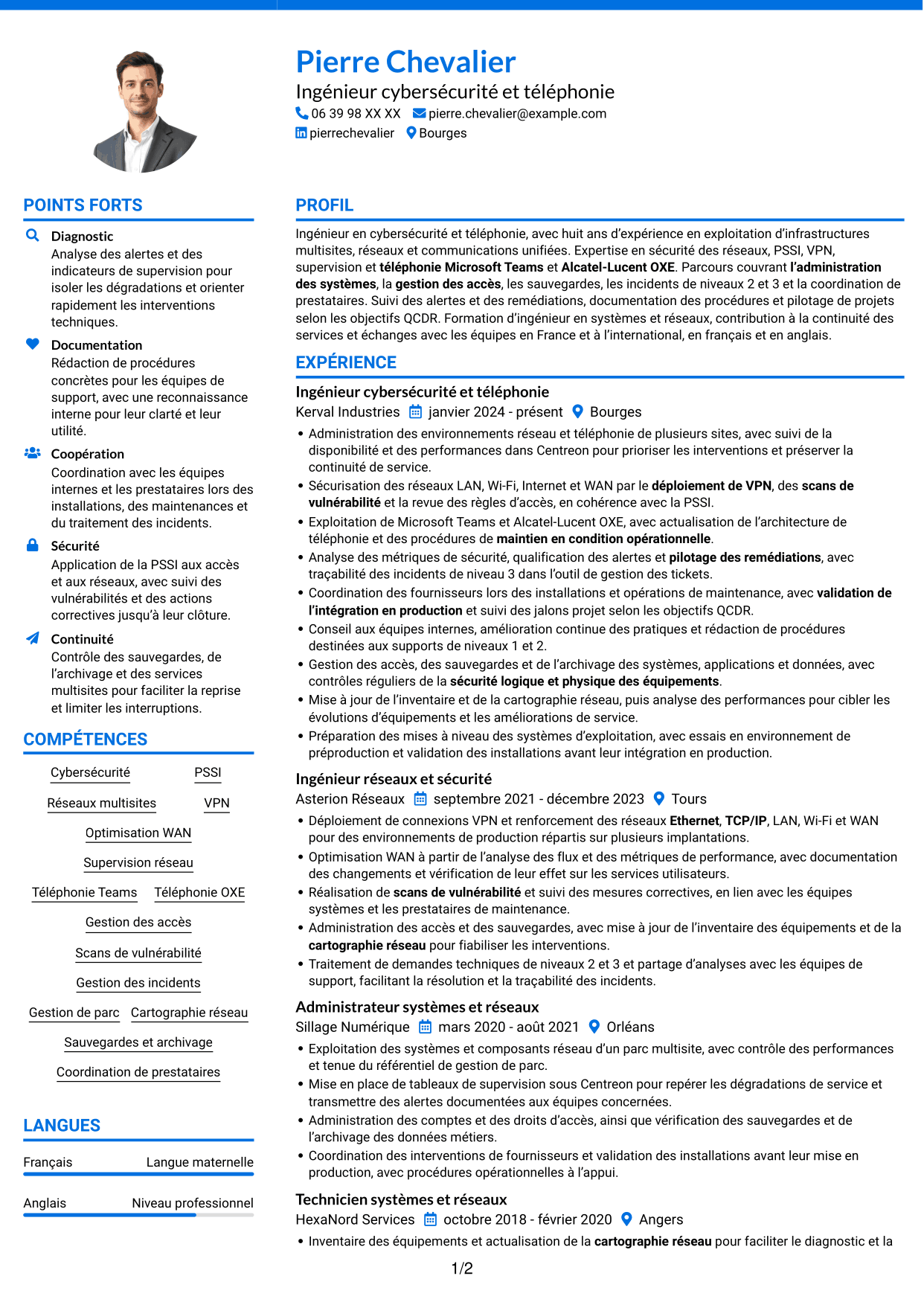 CV Audacieux (format à deux colonnes avec accents colorés et photo) : Ingénieur cybersécurité et téléphonie, page 1