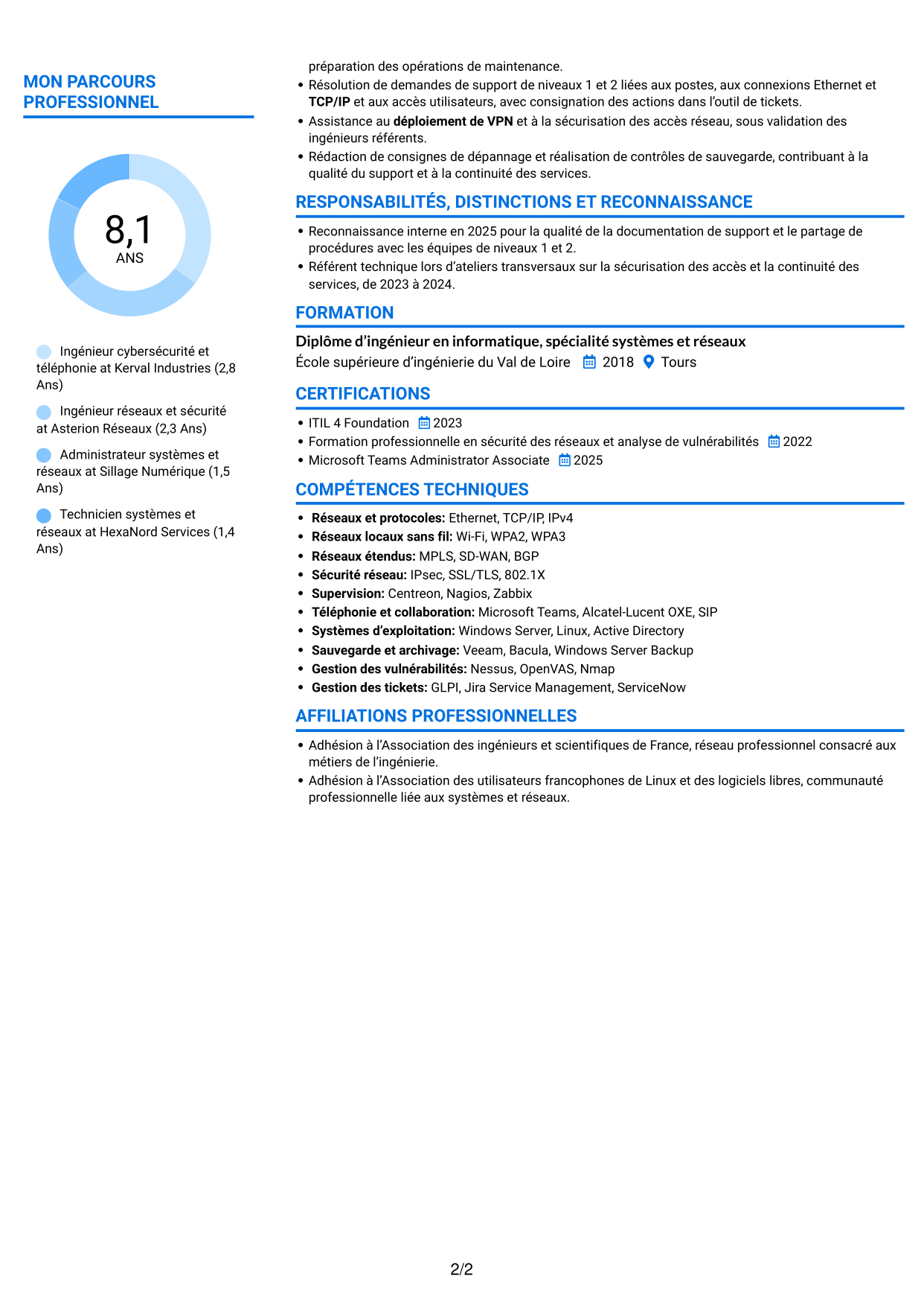 CV Audacieux (format à deux colonnes avec accents colorés et photo) : Ingénieur cybersécurité et téléphonie, page 2