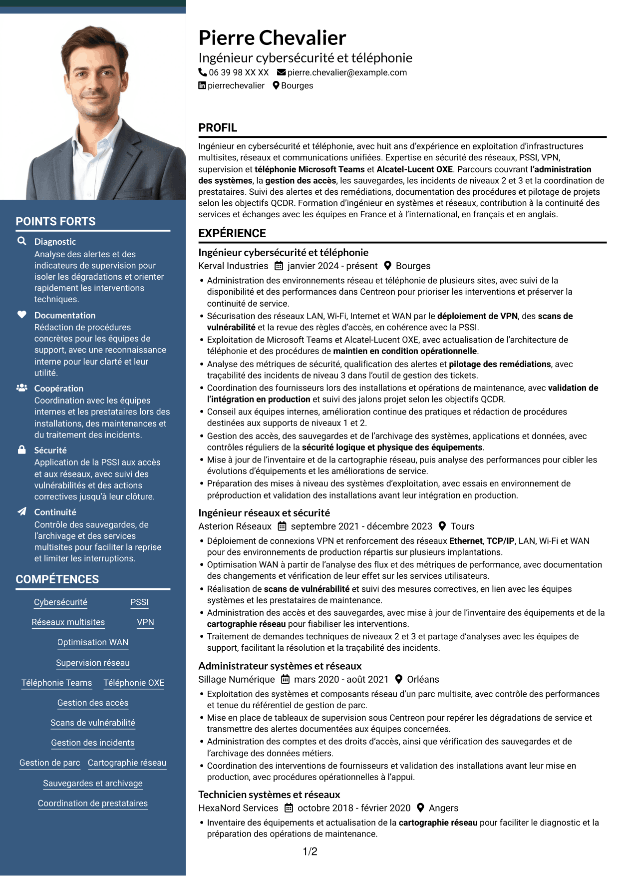 CV Signature (format à colonne latérale colorée avec grande photo) : Ingénieur cybersécurité et téléphonie, page 1
