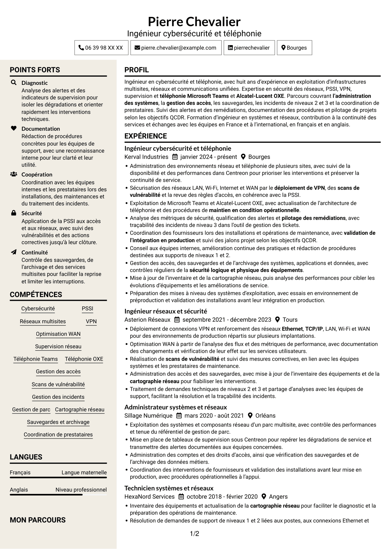 CV Fonceur (format à deux colonnes avec en-tête centré sans photo) : Ingénieur cybersécurité et téléphonie, page 1