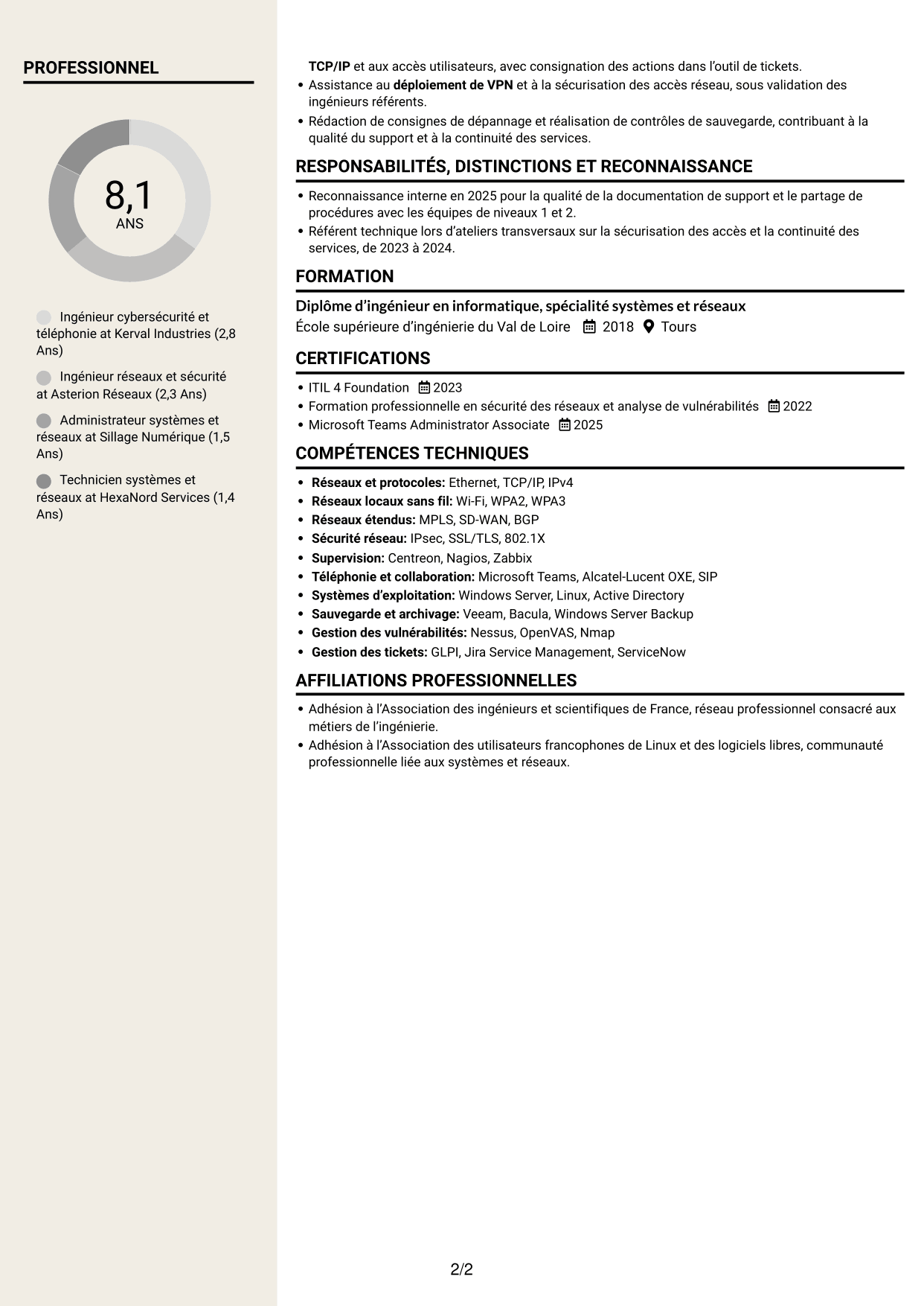 CV Fonceur (format à deux colonnes avec en-tête centré sans photo) : Ingénieur cybersécurité et téléphonie, page 2