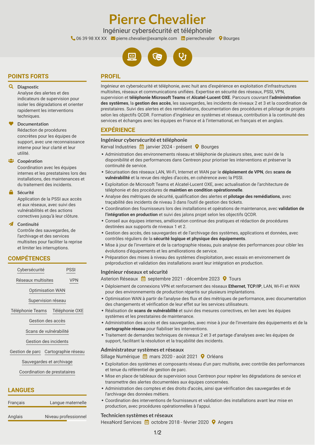 CV Dynamique (format à deux colonnes avec icônes) : Ingénieur cybersécurité et téléphonie, page 1
