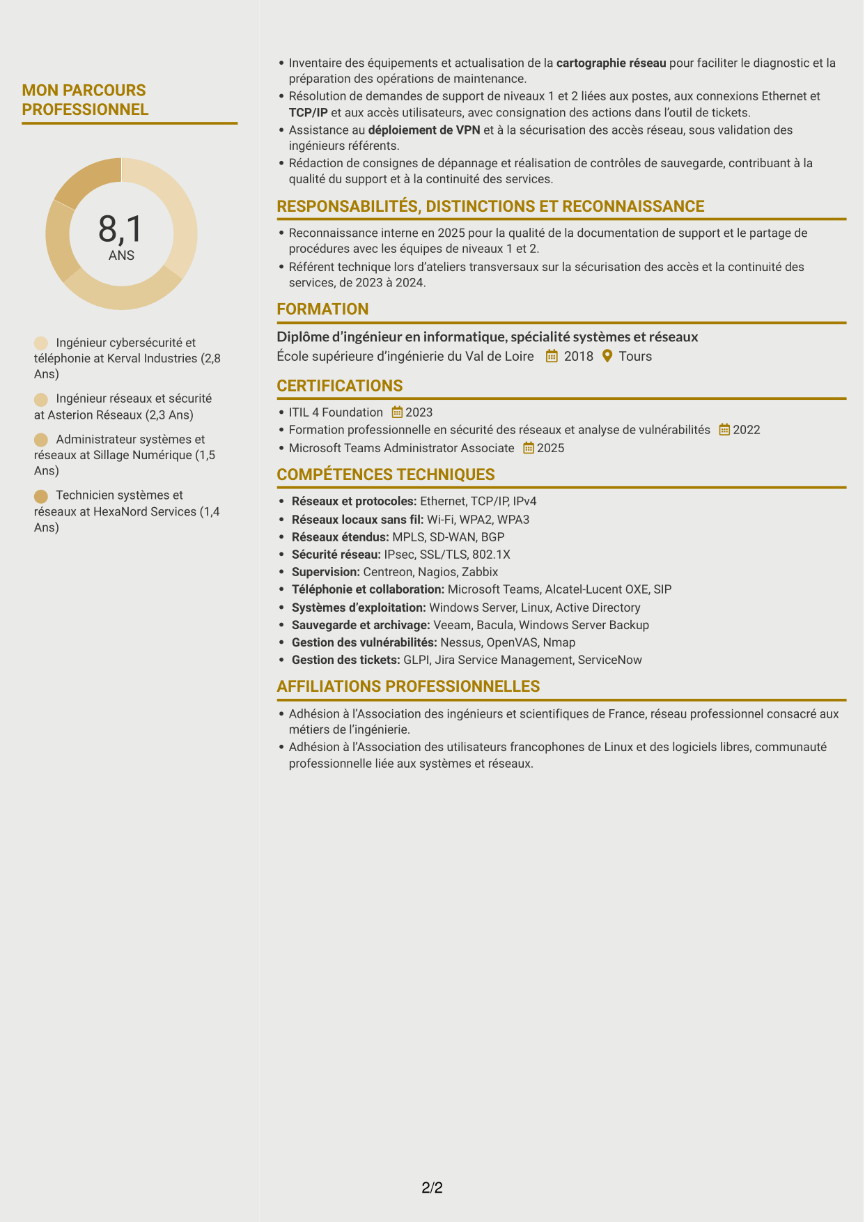 CV Dynamique (format à deux colonnes avec icônes) : Ingénieur cybersécurité et téléphonie, page 2
