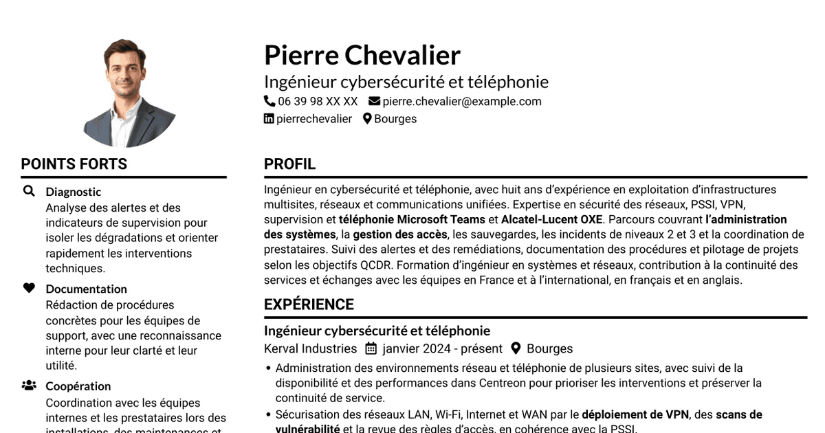 7 modèles de CV pour Ingénieur cybersécurité et téléphonie, avec exemples