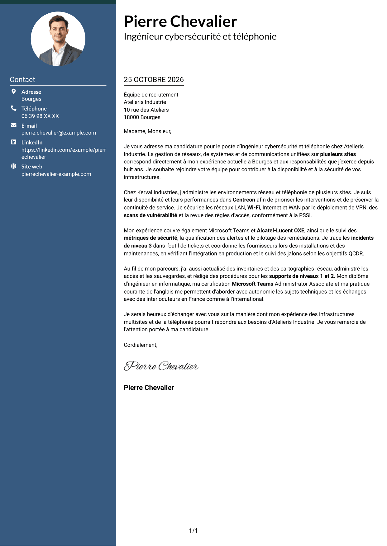 Lettre de motivation Élégant (format à colonne latérale colorée avec photo) : Ingénieur cybersécurité et téléphonie, page 1