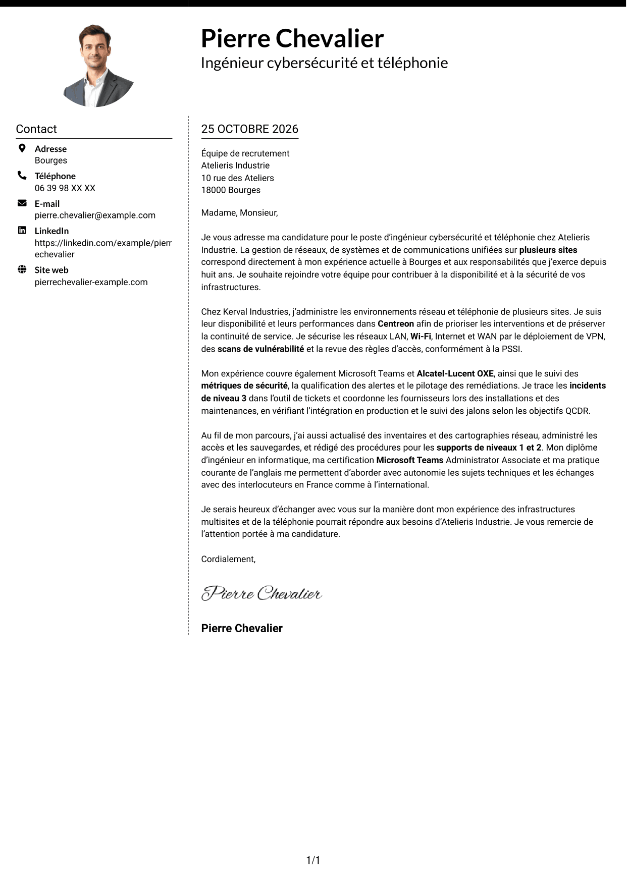Lettre de motivation Moderne (format à deux colonnes avec photo à gauche et séparateur) : Ingénieur cybersécurité et téléphonie, page 1