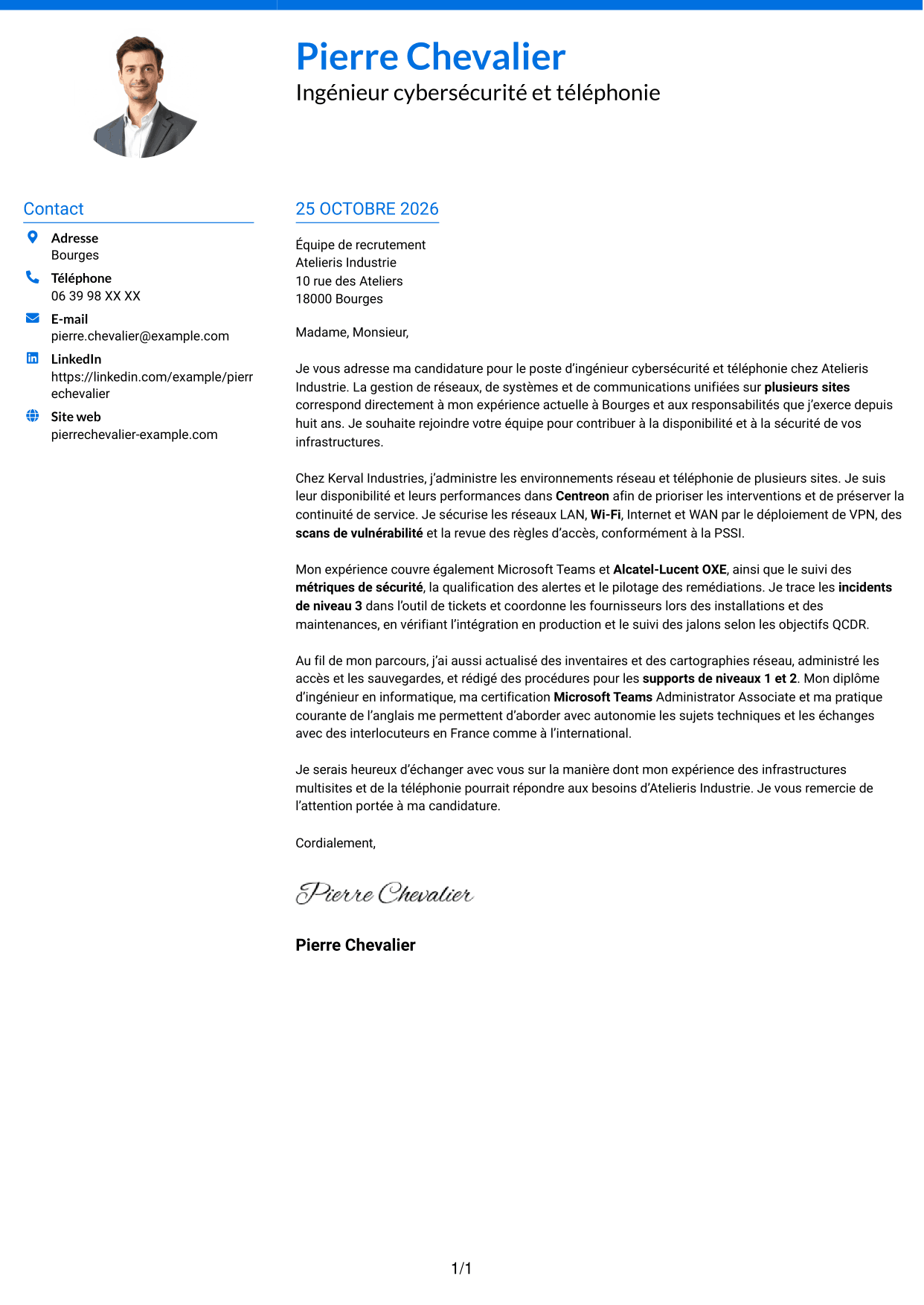 Lettre de motivation Audacieux (format à deux colonnes avec accents colorés et photo) : Ingénieur cybersécurité et téléphonie, page 1