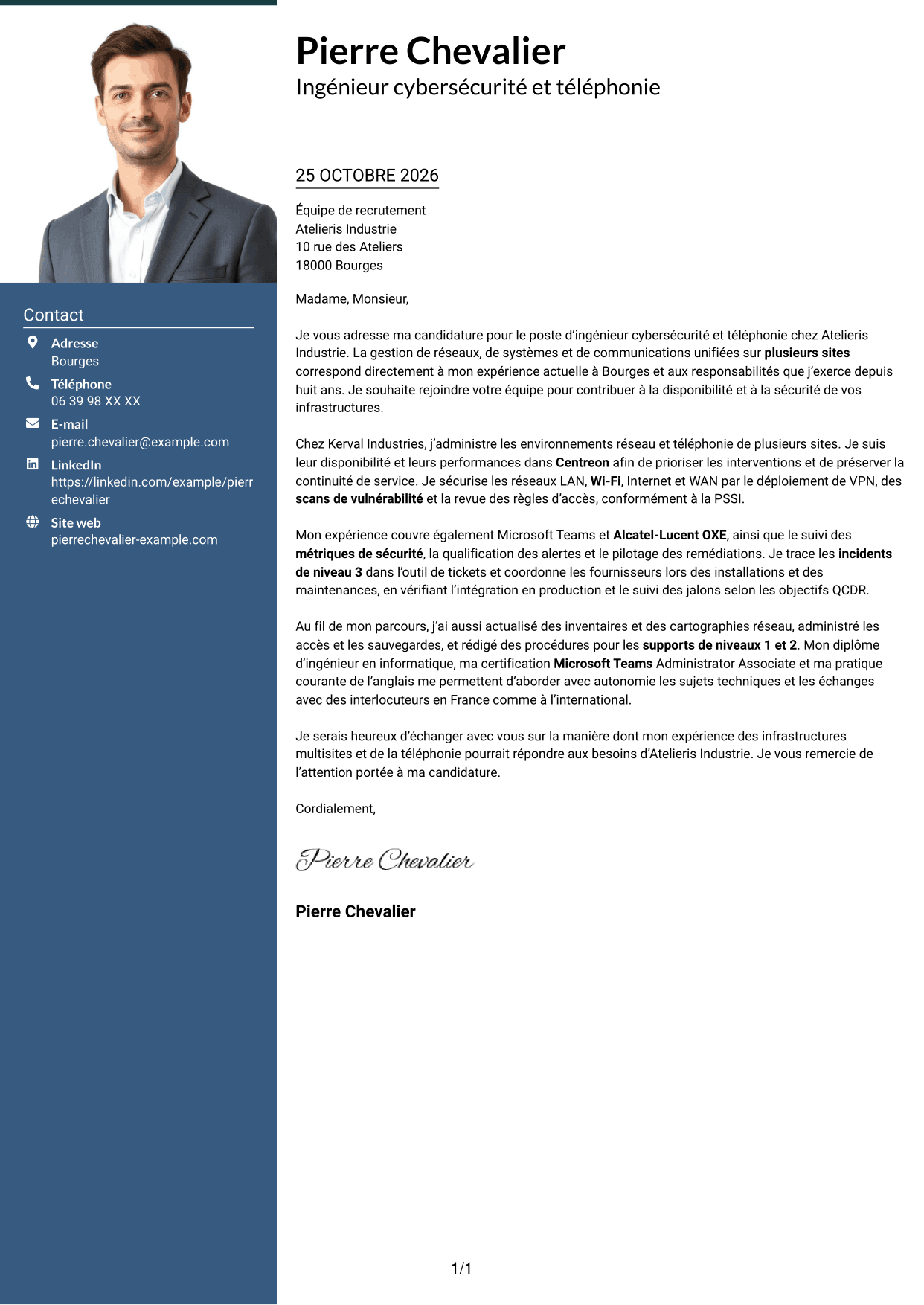 Lettre de motivation Signature (format à colonne latérale colorée avec grande photo) : Ingénieur cybersécurité et téléphonie, page 1