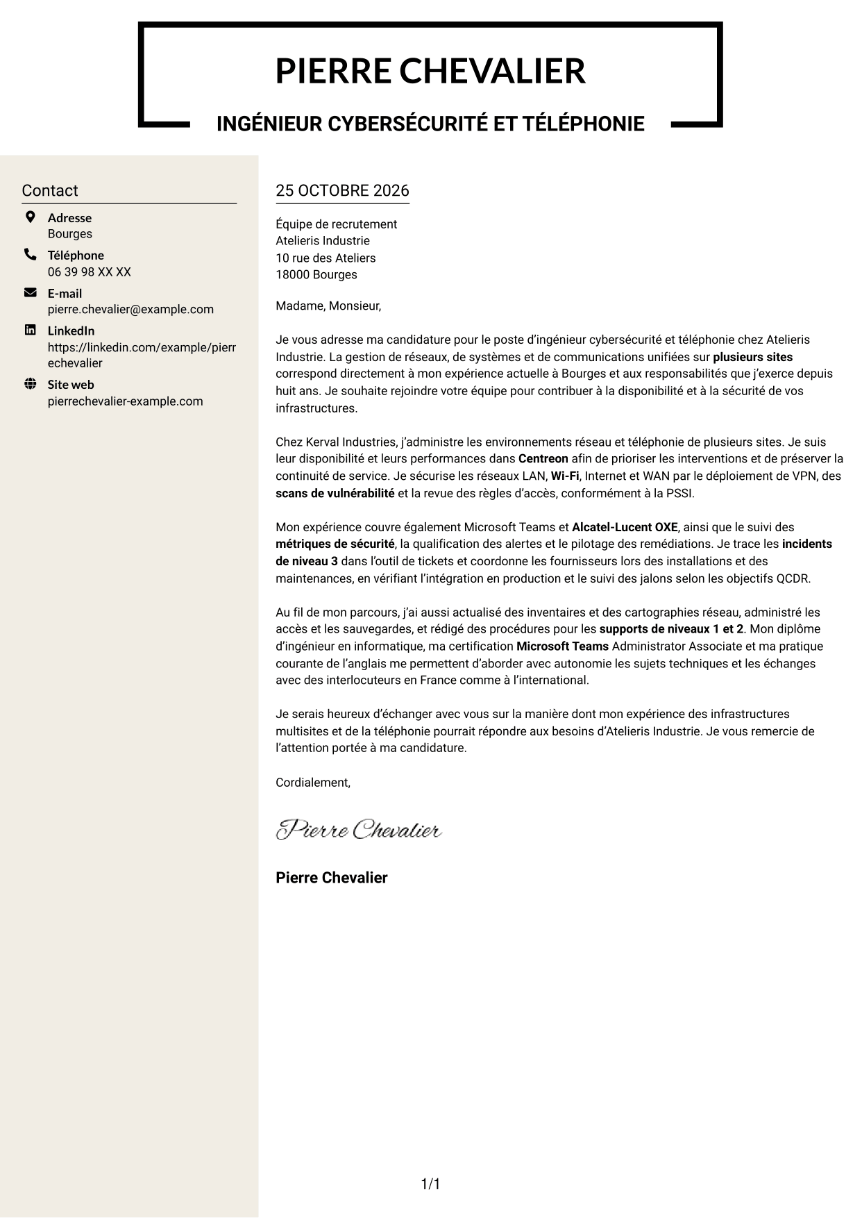 Lettre de motivation Fonceur (format à deux colonnes avec en-tête centré sans photo) : Ingénieur cybersécurité et téléphonie, page 1