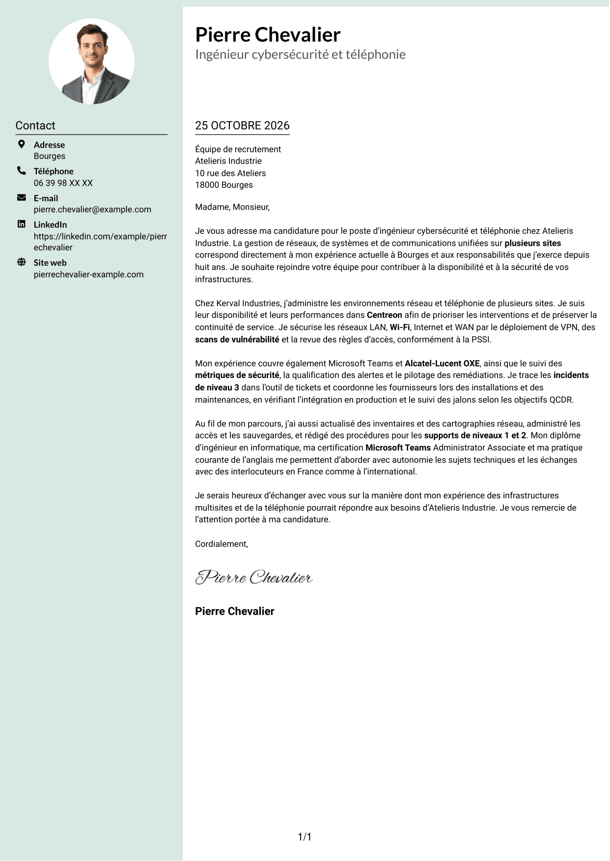 Lettre de motivation Cadre (format à colonne latérale douce avec photo arrondie) : Ingénieur cybersécurité et téléphonie, page 1