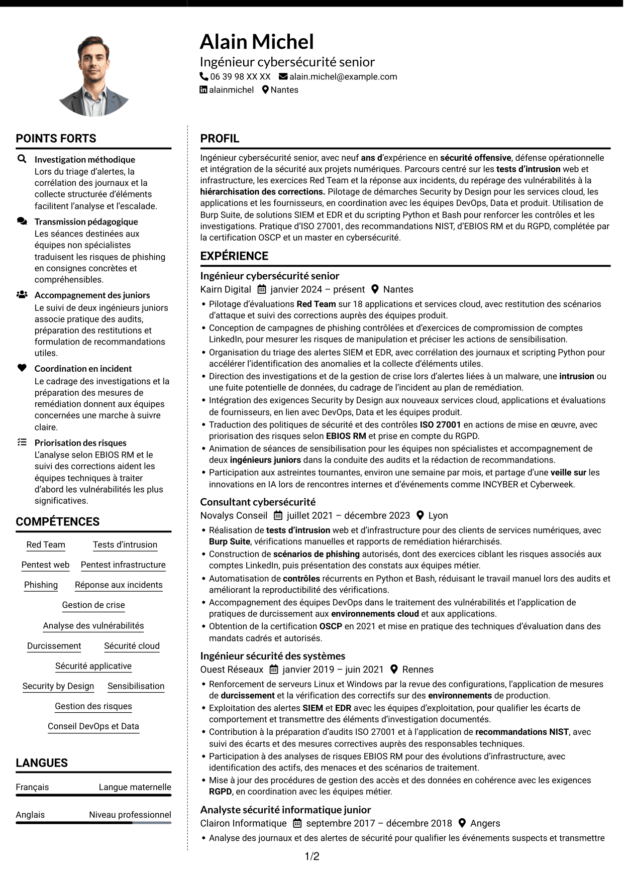 CV Moderne (format à deux colonnes avec photo à gauche et séparateur) : Ingénieur cybersécurité senior - Red Team, page 1